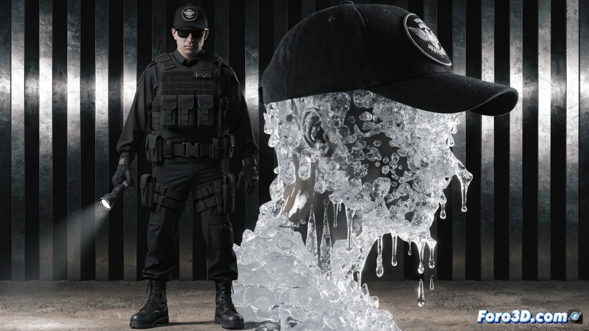 Uniformed ICE agent holding a can of paint labeled NICE while painting over a cracked wall labeled ICE, another agent dragging a handcuffed migrant away in background, red taillights of detention vans, chains and shackles visible, cracked concrete floor, cold blue-gray lighting, photorealistic technical illustration, cinematic wide-angle shot, harsh shadows, exposed steel pipes overhead, abandoned industrial warehouse setting, gritty dystopian atmosphere, ultra-detailed textures, documentary-style realism