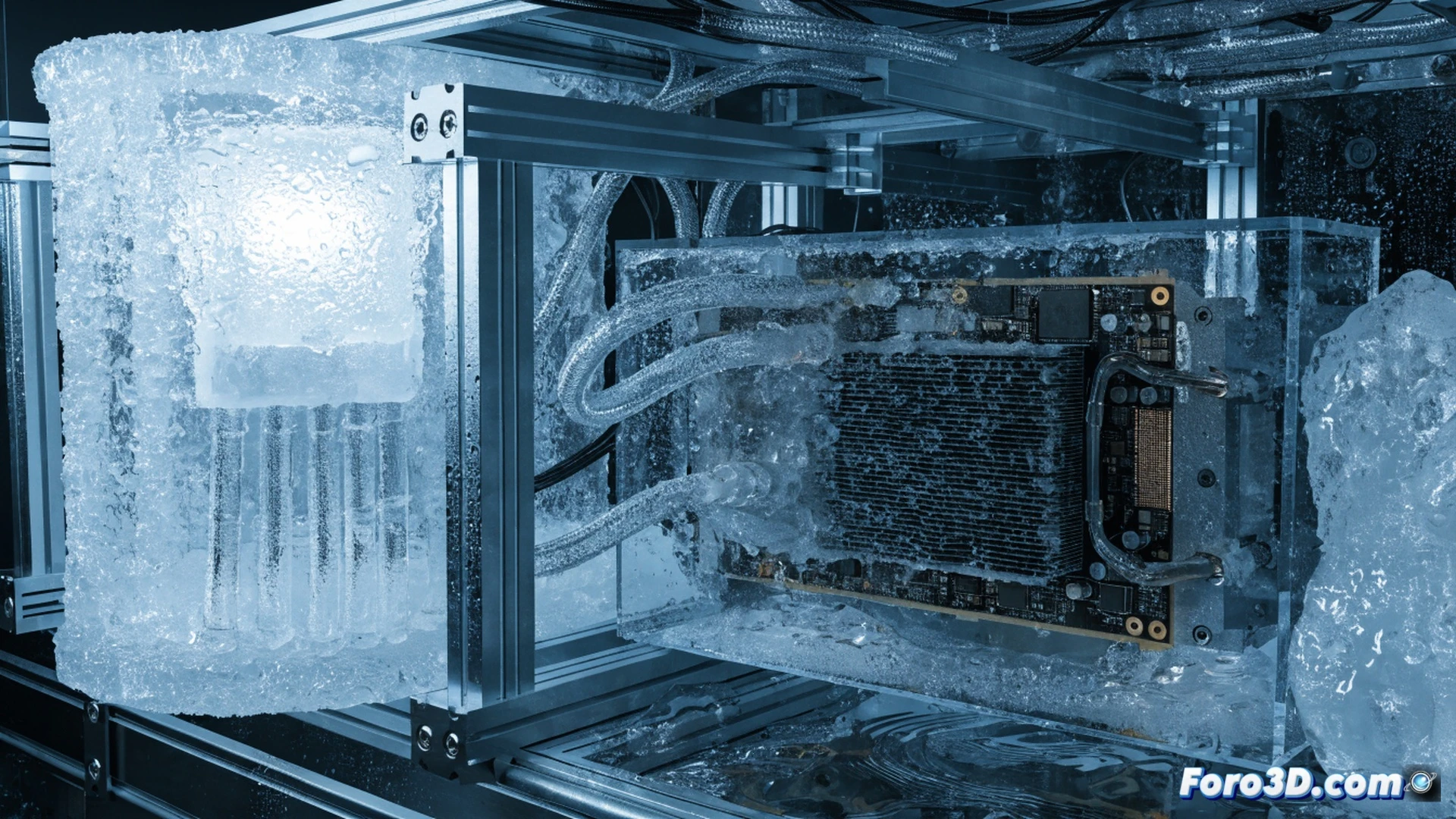 photorealistic technical illustration, gaming PC setup with transparent side panel, Nvidia RTX 3060 graphics card connected to a portable ice machine via modified tubing, liquid condensation dripping onto the motherboard and GPU backplate, ice cubes visible inside the machine reservoir, monitor in background displaying Cyberpunk 2077 gameplay with temperature overlay showing 34°C, water droplets forming on metal components, warning signs of electrical hazard, cinematic dramatic lighting, high contrast shadows, engineering visualization style, action of cooling process demonstrated with visible condensation trails and moisture accumulation on circuits