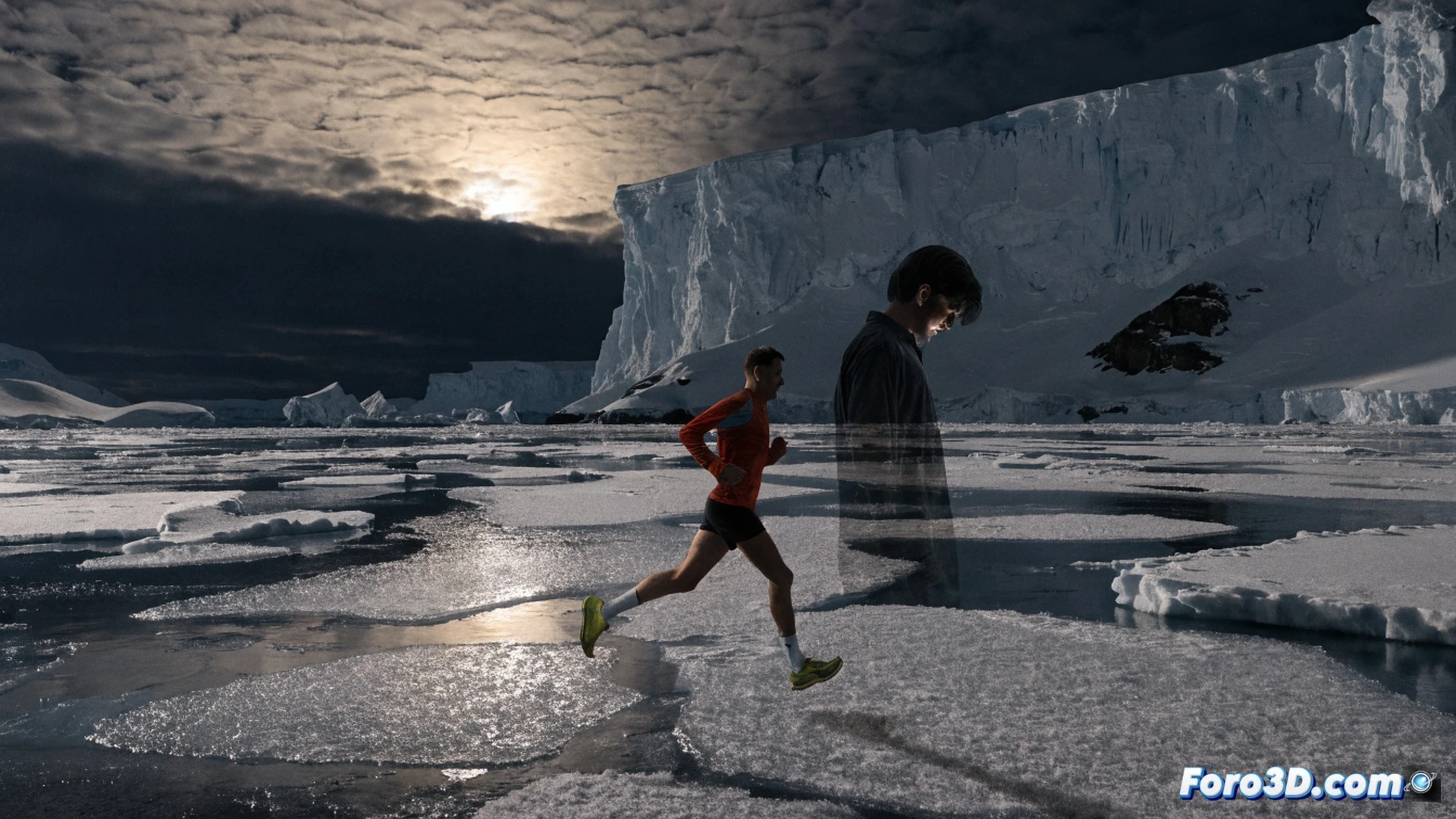 photorealistic arctic marathon scene, a male runner in thermal gear crossing a frozen snowfield under pale sunlight, his breath visible as vapor, running shoes gripping icy ground, a subtle digital health tracker on his wrist displaying heart rate and distance, cold blue sky with faint aurora streaks, distant snow-covered mountains, dramatic low-angle shot showing determination and isolation, cinematic lighting with ice reflections and soft shadow gradients, ultra-detailed frost on gear, medical cross symbol faintly embedded in ice texture on the ground, technical illustration style with high contrast cold tones