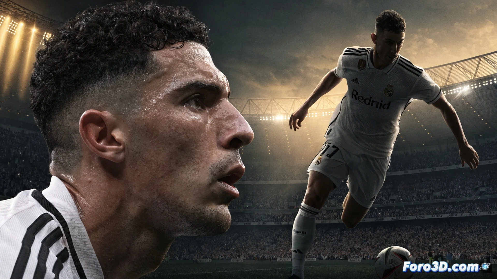 Real Madrid stadium pitch at sunset, Marc Cucurella in white kit executing a sliding tackle while Chelsea blue jersey fragments dissolve into 60 million euro coins mid-air, Jose Mourinho observing from technical area with tablet showing defensive analytics, photorealistic cinematic sports illustration, dramatic floodlight beams cutting through dusk, grass blades and water droplets frozen in motion, coin trajectories forming an arc toward Bernabeu stands, ultra-detailed fabric textures, high-contrast chiaroscuro lighting emphasizing the transfer transaction process