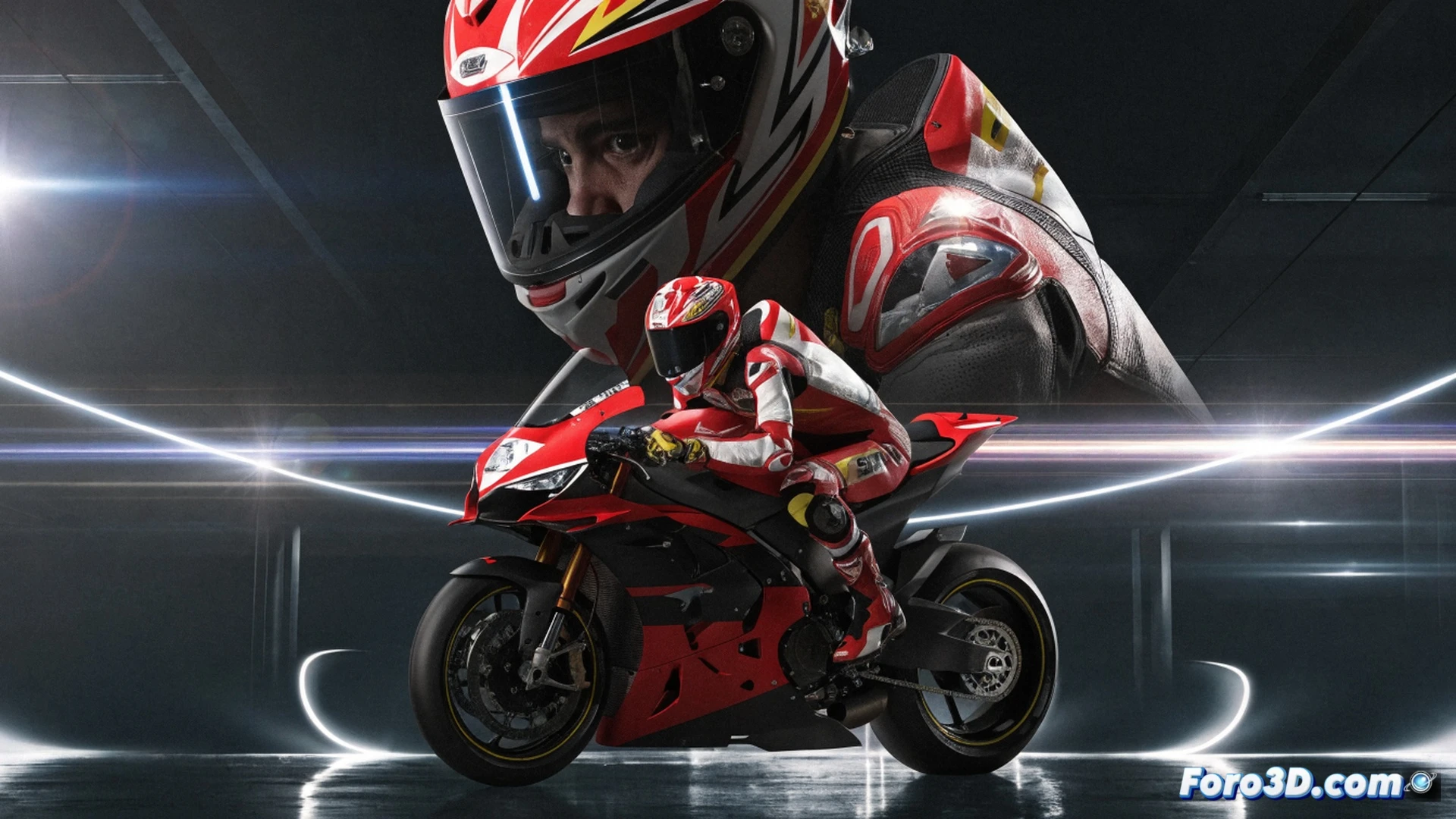 MotoGP oficial Marc Márquez con mono rojo Ducati Lenovo derrapando en curva de alta velocidad, neumático trasero humeante mientras adelanta a otra moto, suspensión delantera comprimida bajo frenada, componentes de carbono visibles en frenos y carenado, ingeniería de precisión con detalles aerodinámicos en alerones y escapes, fondo borroso de boxes con mecánicos y luces de paddock, estilo cinematográfico fotorrealista, iluminación dramática nocturna, chispas en carenado al raspar asfalto, nitidez extrema en chasis y motor.