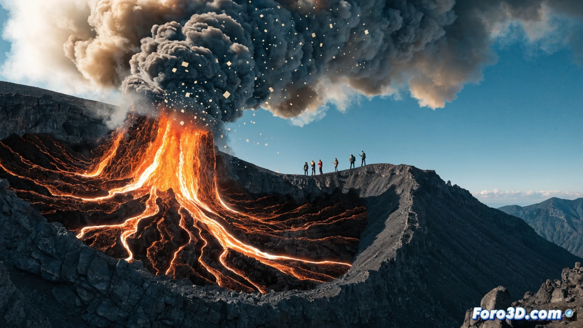 Hiker holding smartphone at volcano crater edge, glowing 3D lava eruption appearing only on screen while real landscape remains calm, augmented reality advertising interface visible on device, geolocation pin and real-time rendering UI elements floating above phone, cinematic photorealistic style, dramatic sunset lighting, steam rising from actual crater contrasting with digital lava on display, motion blur on user hand adjusting phone angle, technical illustration of AR spatial mapping grid faintly visible in air, ultra-detailed rock textures, immersive mixed reality scene