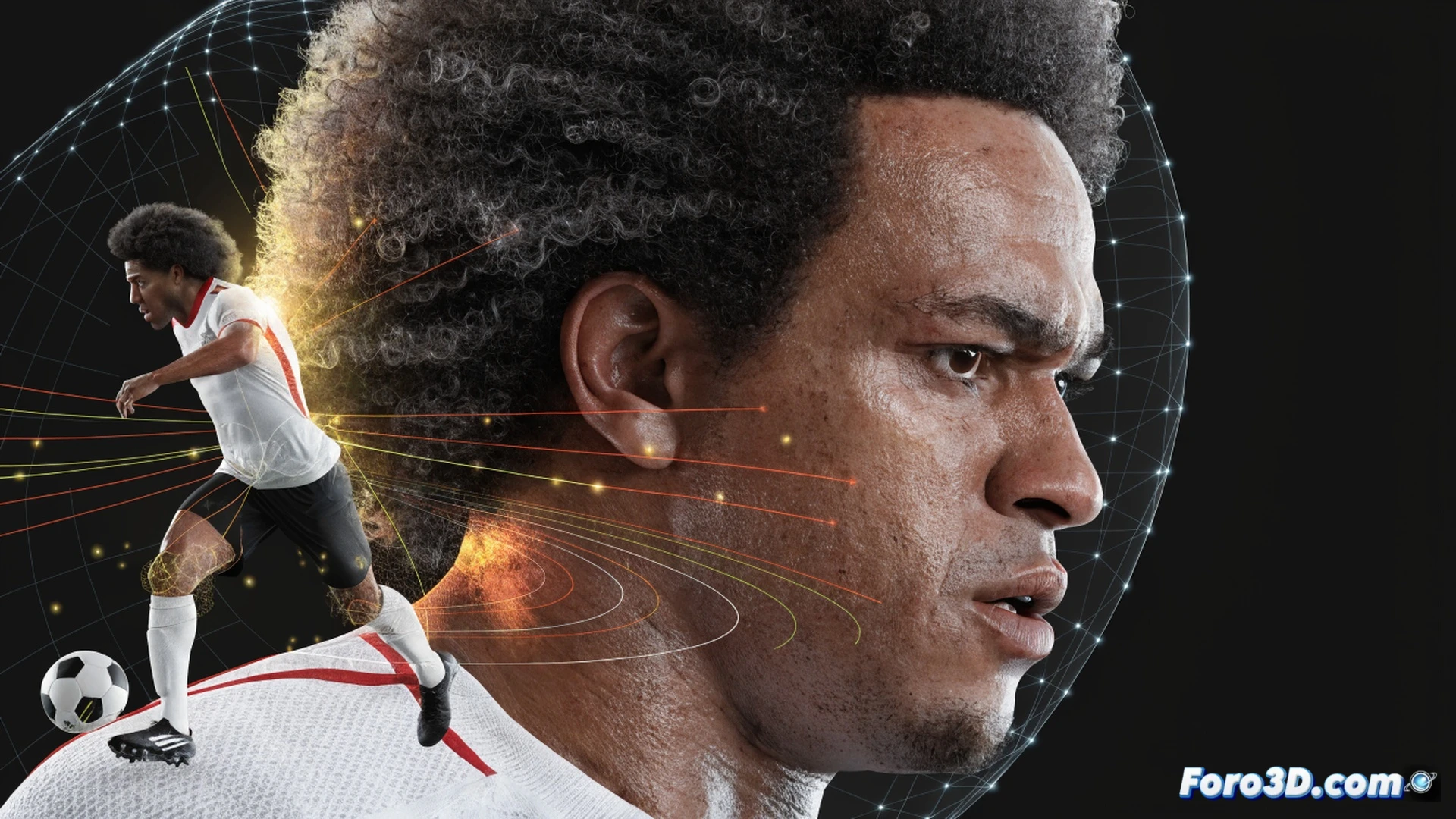 left-footed soccer player executing a sharp feint and body swerve on a green pitch, biomechanical analysis overlay showing ankle torque and hip rotation, motion capture markers on calf and thigh, glowing green trajectory lines tracing the ball's curved path, 3D wireframe skeleton beneath the skin showing pivot foot loading, technical engineering visualization, cinematic low-angle shot, dramatic stadium floodlighting, detailed muscle fiber tension rendering, realistic sports biomechanics illustration