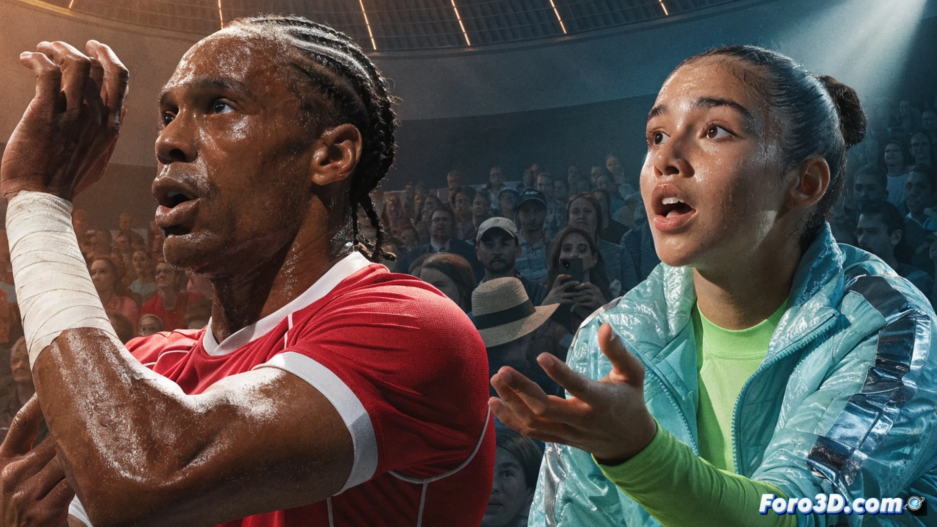 two football players in a stadium, Marcelo performing a no-look pass while Aitana controls a high ball with her chest, both players in dynamic motion on a green pitch, football boots and shin guards visible, bright floodlights casting dramatic shadows, cinematic sports photography style, photorealistic render, shallow depth of field, intense eye contact between athletes, crowd blurred in background, technical action sequence frozen in mid-motion