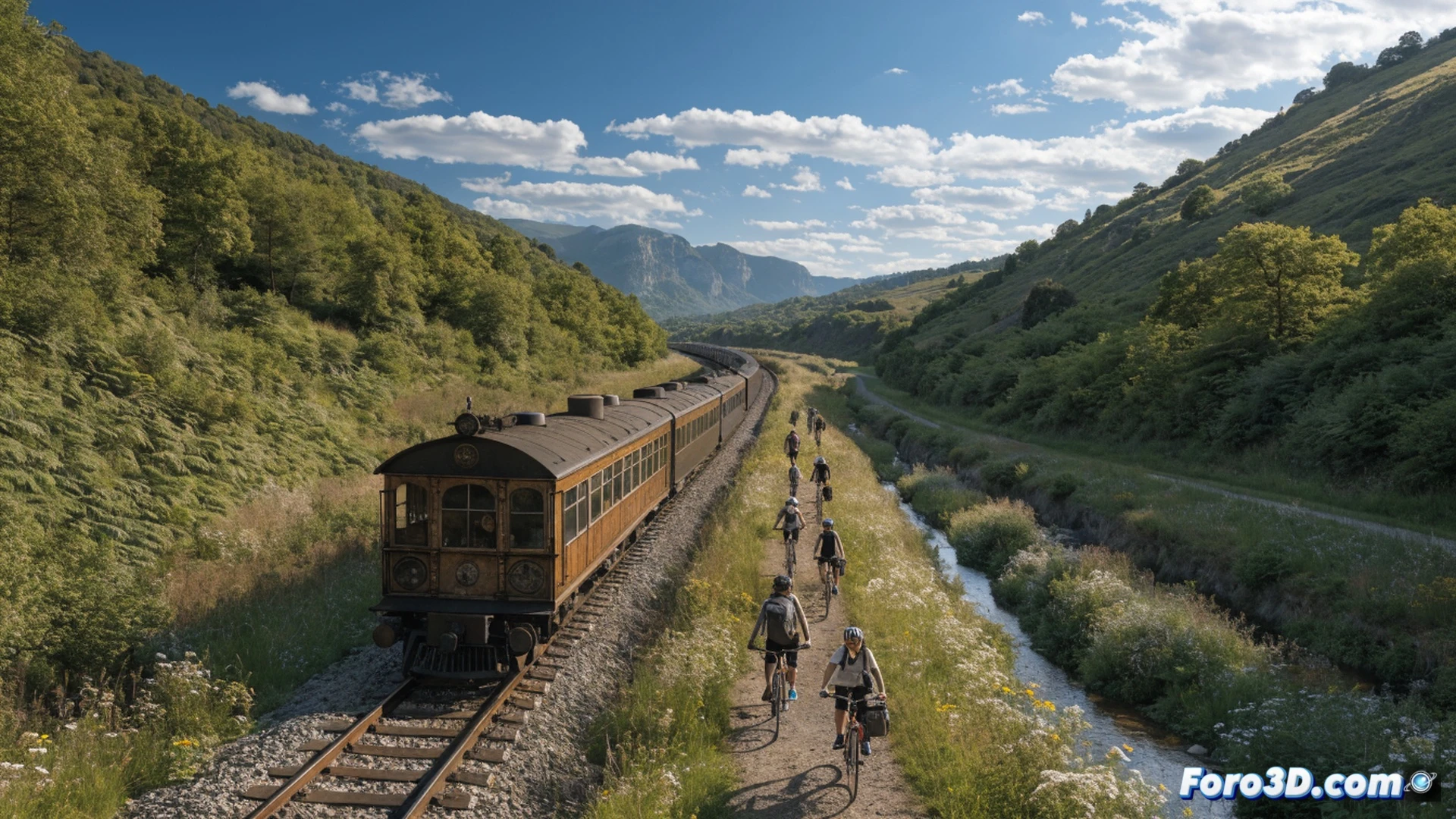 Familia pedaleando por antigua via de tren, bicicletas gratis sobre durmientes de madera, neumaticos rodando sobre grava y rieles oxidados, niños y adultos avanzando bajo arboles frondosos, mochilas ligeras, sol de manana iluminando el camino, estilo cinematografico fotorealista, accion de movimiento durante el recorrido, demostrando recorrido familiar al aire libre, iluminacion natural dramatica, atmosfera tranquila y deportiva, paisaje verde del valle, textura detallada de piedras y vegetacion