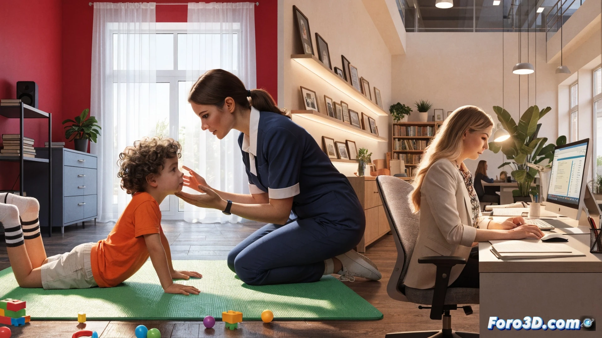 Brightly lit therapy room in a municipal social center, a child’s hand reaching for a colorful textured puzzle piece while a therapist guides the movement, sensory integration tools like weighted blanket and foam rollers visible, wooden educational toys on low shelves, warm sunlight through large window, photorealistic interior shot, soft focus background showing a parent watching with relief, clean modern furniture, natural beige and pastel tones, emotional supportive atmosphere, high detail on hands and toy textures, technical illustration style