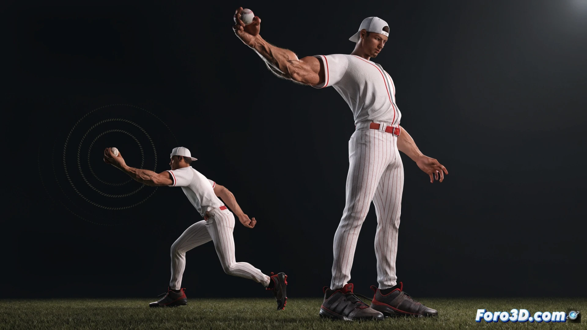Marco Jansen cricket bowler in 3D motion capture analysis, extreme height of 2.06 meters shown with biomechanical skeletal overlay, long left arm extending during delivery stride, ball release point at high angle above batsman, kinetic energy lines tracing arm whip trajectory, technical engineering visualization with wireframe body mesh, glowing joint markers highlighting mechanical leverage advantage, dark studio background, dramatic side lighting emphasizing limb length, photorealistic render with translucent muscle layers, ultra-detailed sports biomechanics simulation