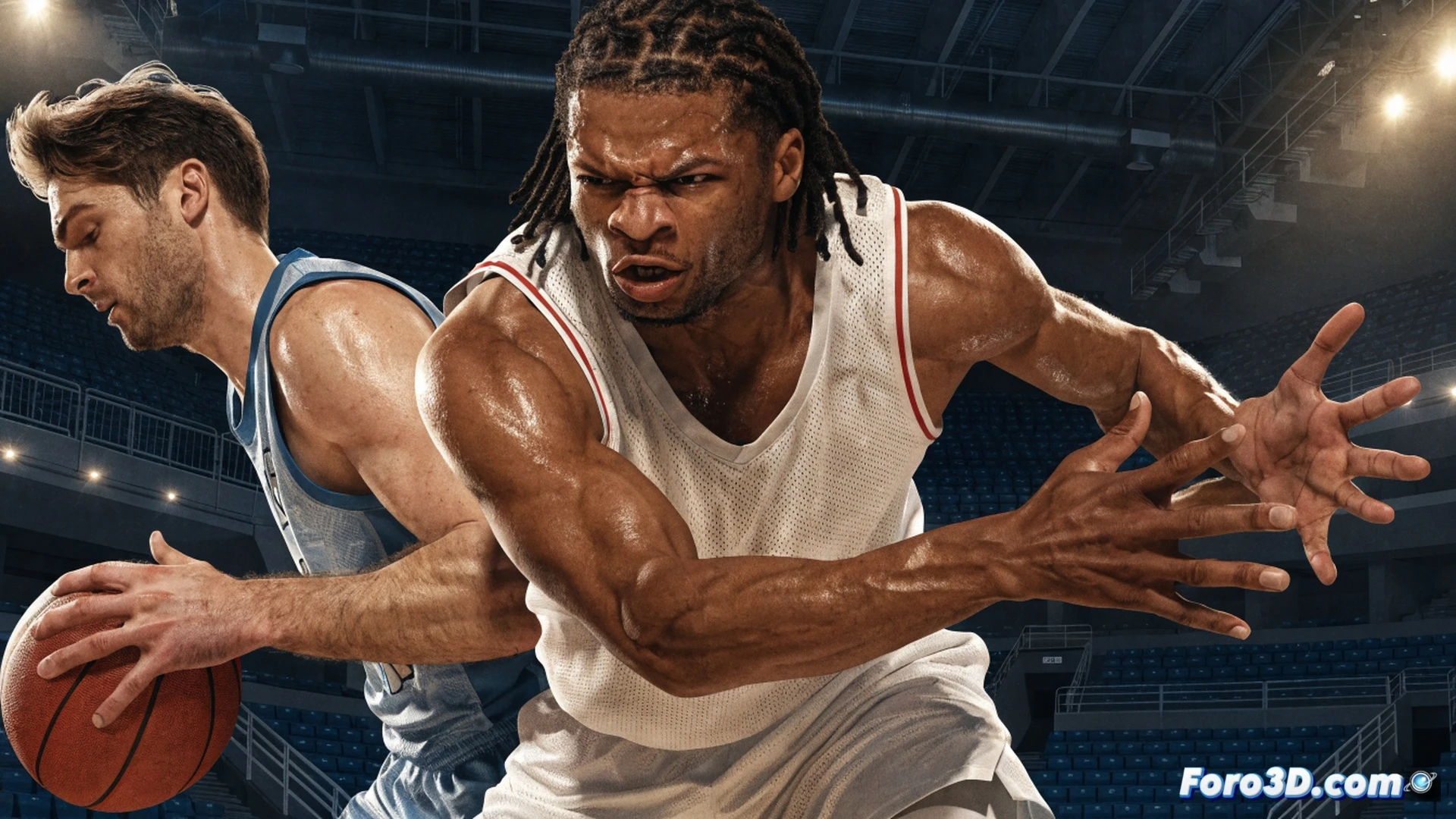 Marcus Smart crouched in defensive stance on a glossy hardwood court, left hand outstretched toward an invisible ball handler, right leg lunging forward, eyes locked on the opposing player s chest. Behind him, a translucent 3D wireframe skeleton overlays his body, showing joint angles and muscle tension lines. A glowing blue trajectory arc traces a steal path from his right hand to a passing lane. Surrounding him, faint ghost images of teammates rotate in defensive rotations. Cinematic sports visualization, photorealistic human anatomy, glowing tactical overlays, dramatic arena lighting, sweat droplets frozen mid-air, deep shadows under the basket, ultra-detailed jersey fabric texture, technical illustration style.