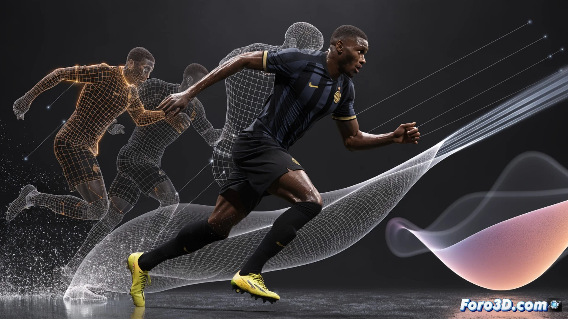 Marcus Thuram en plena aceleración explosiva, zancada larga sobre césped verde, líneas de movimiento 3D trazando su trayectoria de desmarque desde el perfil izquierdo, marcadores de velocidad y fuerza vectorial iluminando sus piernas y torso durante el cambio de ritmo, fondo de estadio con defensores en posición estática contrastando su dinamismo, visualización técnica con wireframe muscular y articular semitransparente, gráficos de acelerometría y biomecánica superpuestos en estilo cinematic engineering visualization, luces dramáticas de estadio, photorealistic technical render con detalles de músculos y césped
