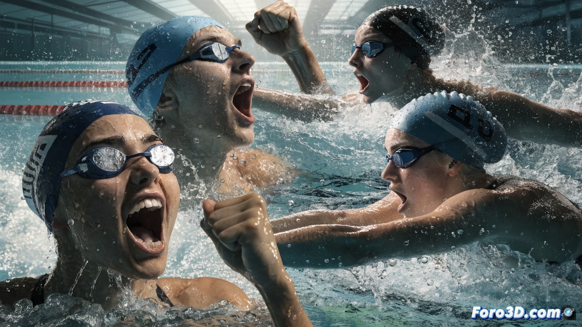 Two swimmers mid-race in an indoor competition pool, powerful arms pulling through water, splash trails behind them, lane ropes dividing the blue water, electronic timing pads at the wall, scoreboard in background showing 100 metres freestyle times, motion blur on kicking legs, droplets frozen mid-air, dramatic overhead lighting reflecting off wet skin and water surface, photorealistic sports photography style, intense competitive atmosphere, showing athletes at peak action