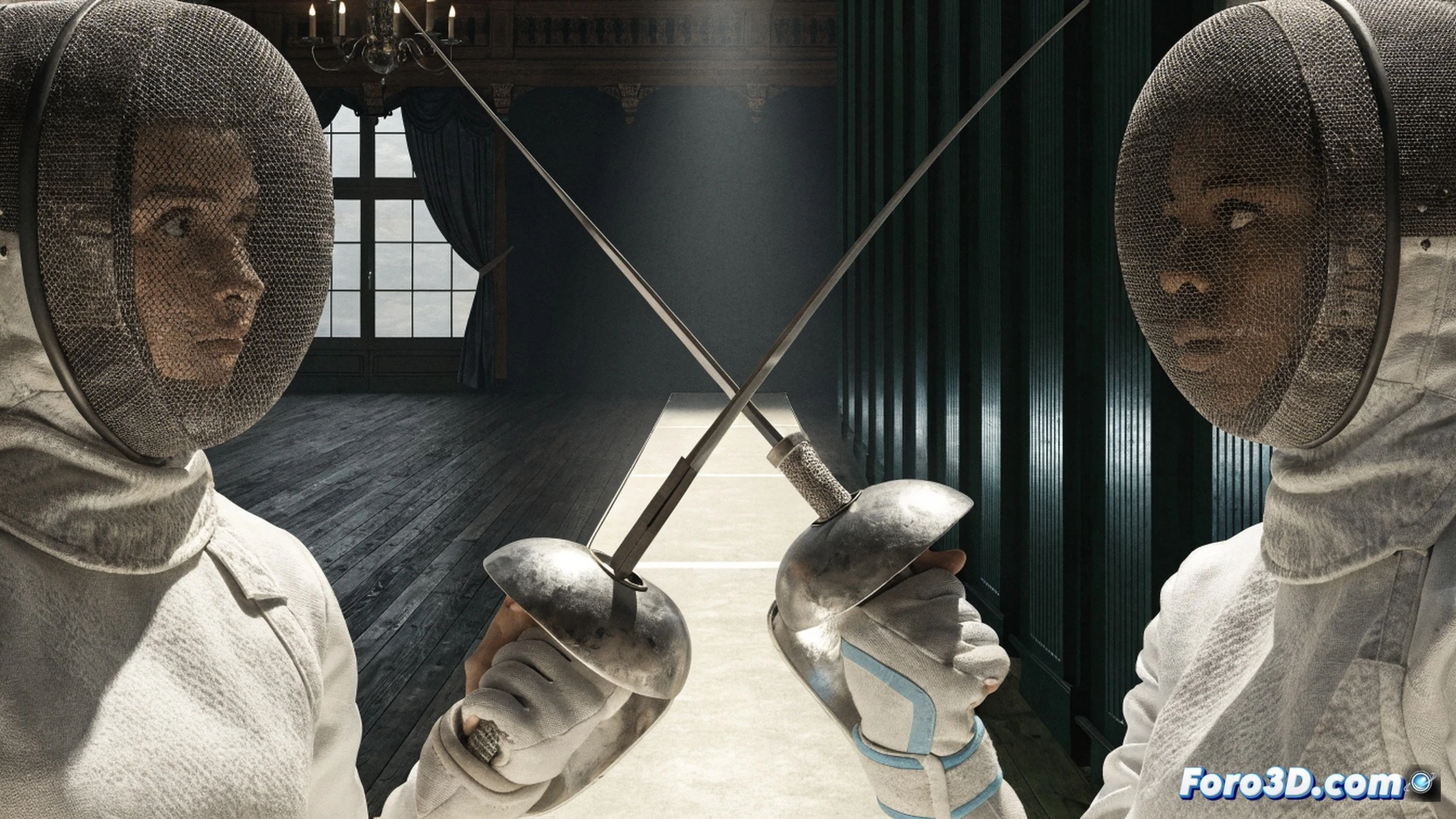 fencing athlete lunging forward with a foil, metallic blade tip contacting opponent’s chest guard during a parry, bright LED scoring strip beneath their feet, French competition hall with Olympic rings on wall, sweat drops frozen mid-air, foil flexing under pressure, dynamic motion blur on legs, photorealistic sports action, dramatic spotlight on fencer’s face, technical gear details: mesh mask, padded jacket, body cord trailing from weapon, digital scoreboard showing bronze medal position, crowd blurred in background, intense competitive atmosphere, cinematic lighting with warm gold highlights