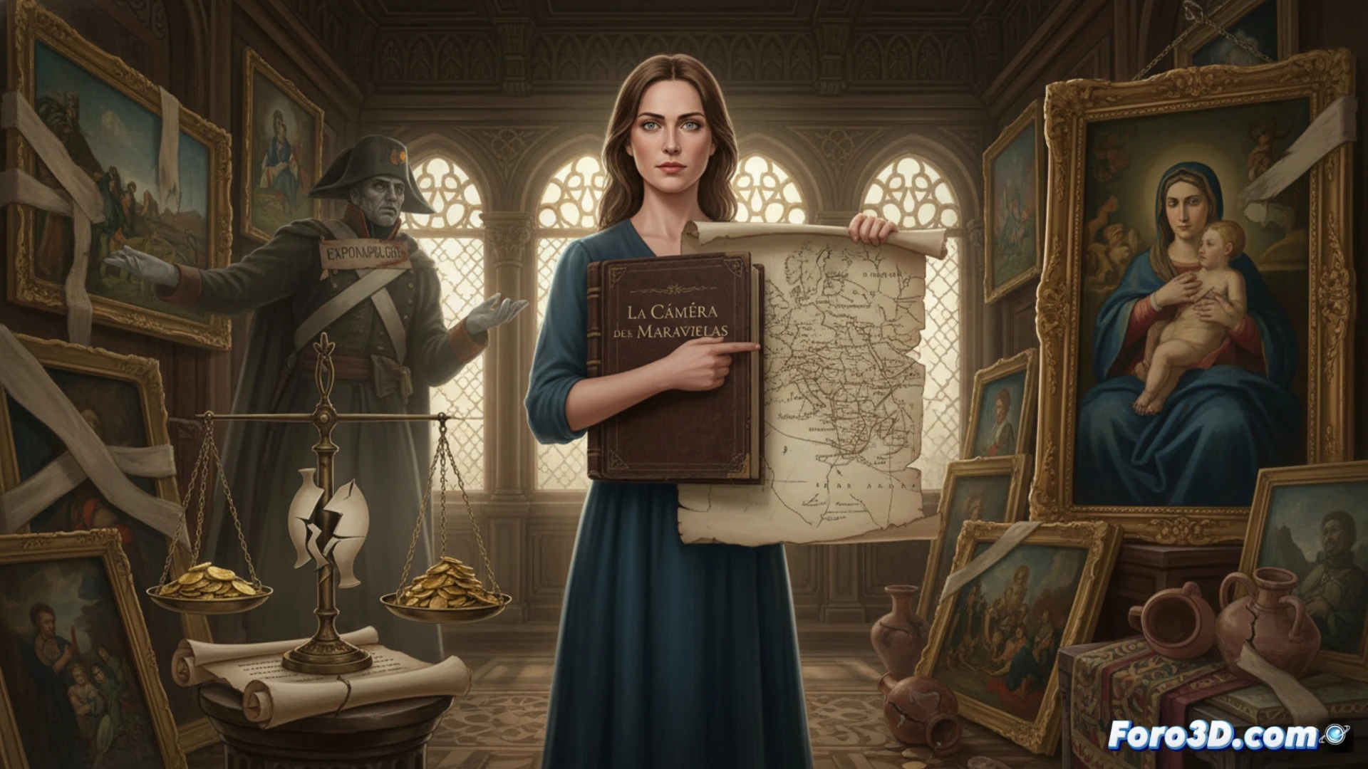 Photorealistic scene of a 19th-century French law document being stamped, excluding Napoleon-era paintings, while a Murillo canvas is secretly loaded into a black van under dim streetlights. An investigator uses a UV flashlight to examine the frame, revealing hidden inventory codes. The background shows a Parisian auction house with security cameras. Cinematic lighting, shadows, and dust particles emphasize the illicit transaction. Technical details include a magnifying glass, leather-bound ledger, and fingerprint smudges on the canvas edge.