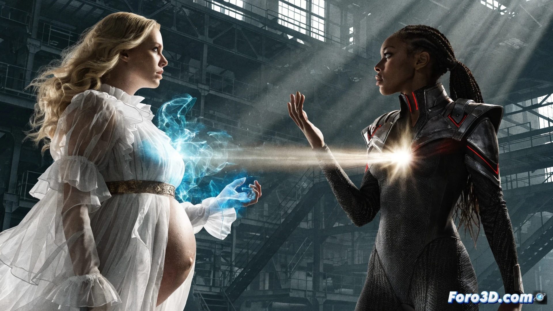 Marie Moreau en primer plano con traje de superheroína rojo y dorado, sangre coagulando en su mano derecha mientras sostiene un fragmento de cristal roto, Starlight embarazada al fondo entregando un bastón de luz blanca, fondo de laboratorio técnico con monitores mostrando estadísticas de poder y mapas de corrupción, cables y servidores dañados por explosiones recientes, iluminación dramática de contraste alto, estilo cinematográfico fotorrealista, acción de transición de poder, humo y partículas flotando, texturas metálicas y de vidrio rotas, sombras profundas, ángulo contrapicado, demostrando relevo generacional