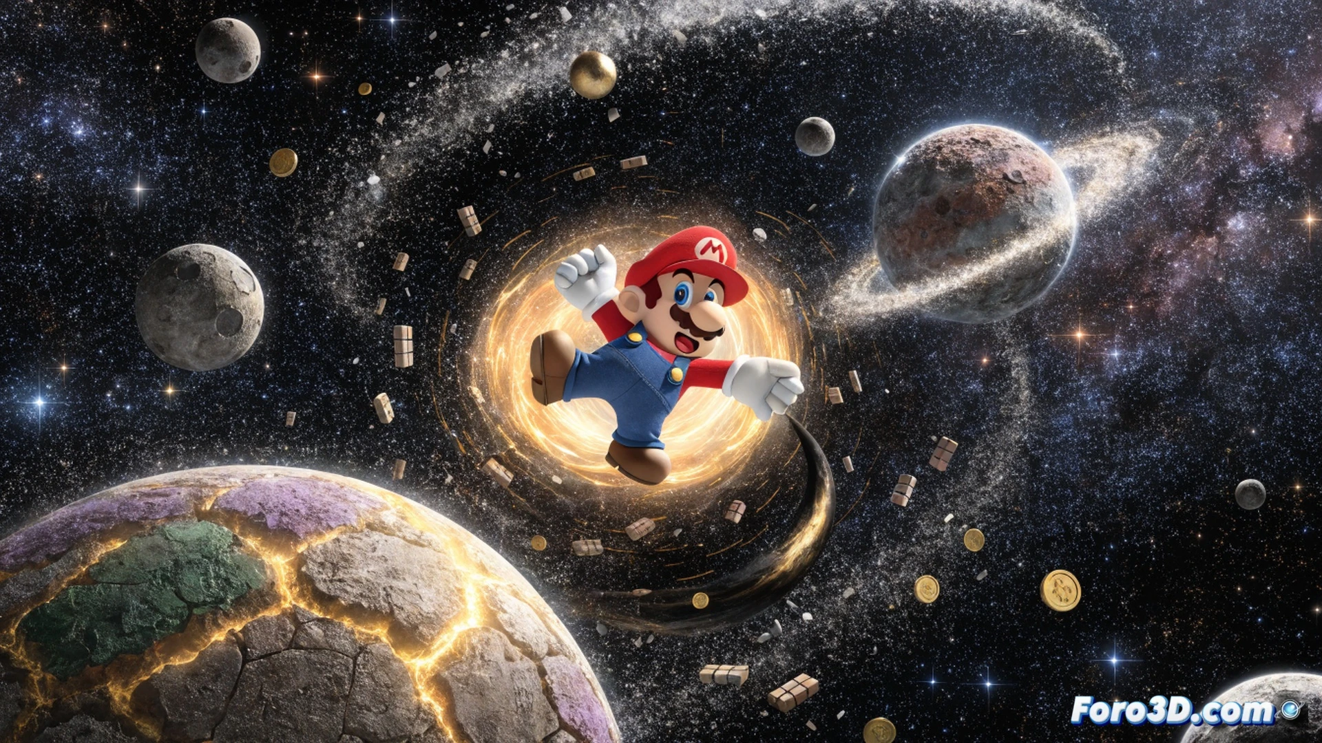 Mario volador transformación de Super Mario Galaxy en Nintendo Switch, personaje flotando descontrolado en el espacio estelar, brazos extendidos y piernas girando mientras estrellas y monedas se dispersan caóticamente a su alrededor, fondo de galaxia con planetas borrosos, líneas de trayectoria de vuelo erráticas en rojo y azul, mostrando el fallo de física del juego, durante una partida en la consola con Joy-Con conectados, estilo cinematic technical illustration, iluminación dramática de neón, texturas de polígonos 3D visibles, ultra detallado render fotorrealista
