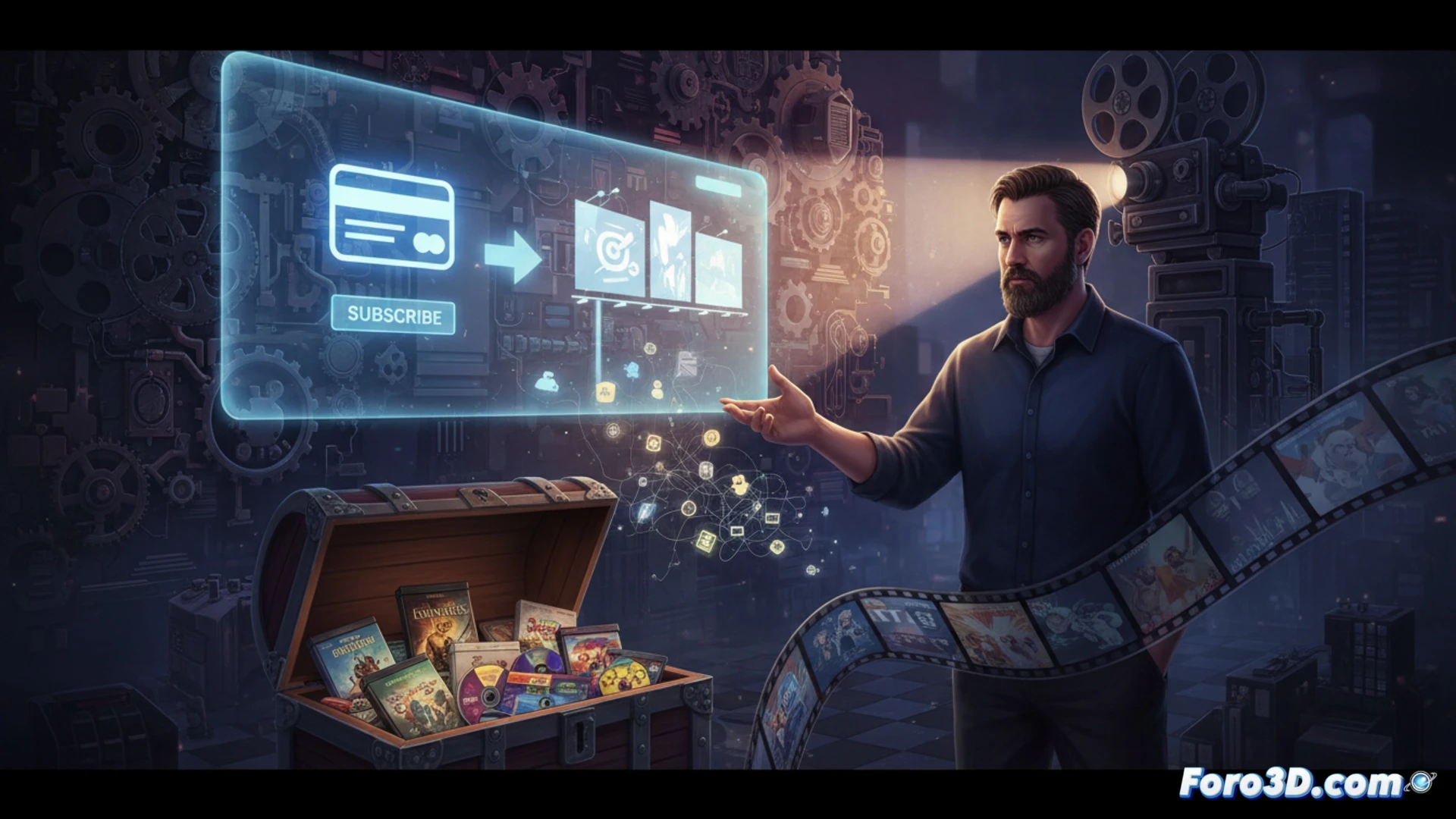 Veteran game developer sketching subscription tiers and product placement icons on a whiteboard, surrounded by scattered AAA game boxes and microtransaction loot boxes being crossed out, while a diverse library of game genres glows on a monitor showing balanced revenue streams, cinematic technical illustration style, warm studio lighting, photorealistic office environment, motion blur on erasing hand, reflective whiteboard surface, ultra-detailed marker strokes and game assets, dramatic contrast between crossed-out microtransactions and illuminated subscription flowcharts