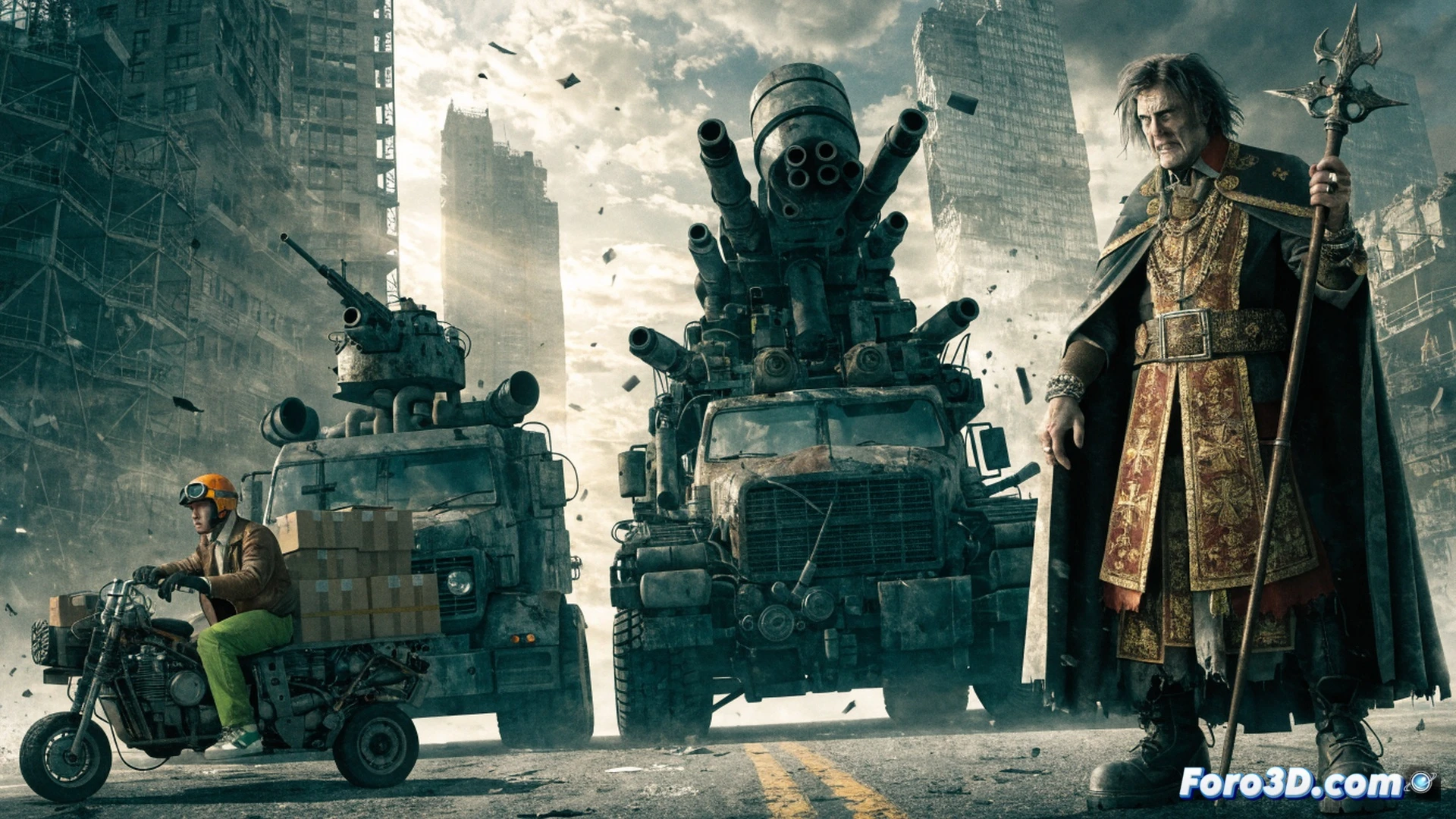 post-apocalyptic wasteland highway, armored delivery van speeding through wreckage, twisted metal debris scattering, eccentric pope character in tattered robes gripping a rocket launcher from vehicle roof, Mark Hamill likeness with manic grin, chaotic battle scene with exploding cars and flying shrapnel, cinematic action shot, dramatic dust clouds and firelight, photorealistic technical illustration, high-contrast lighting, motion blur on spinning tires, detailed engine components visible through shattered hood, gritty apocalyptic aesthetic