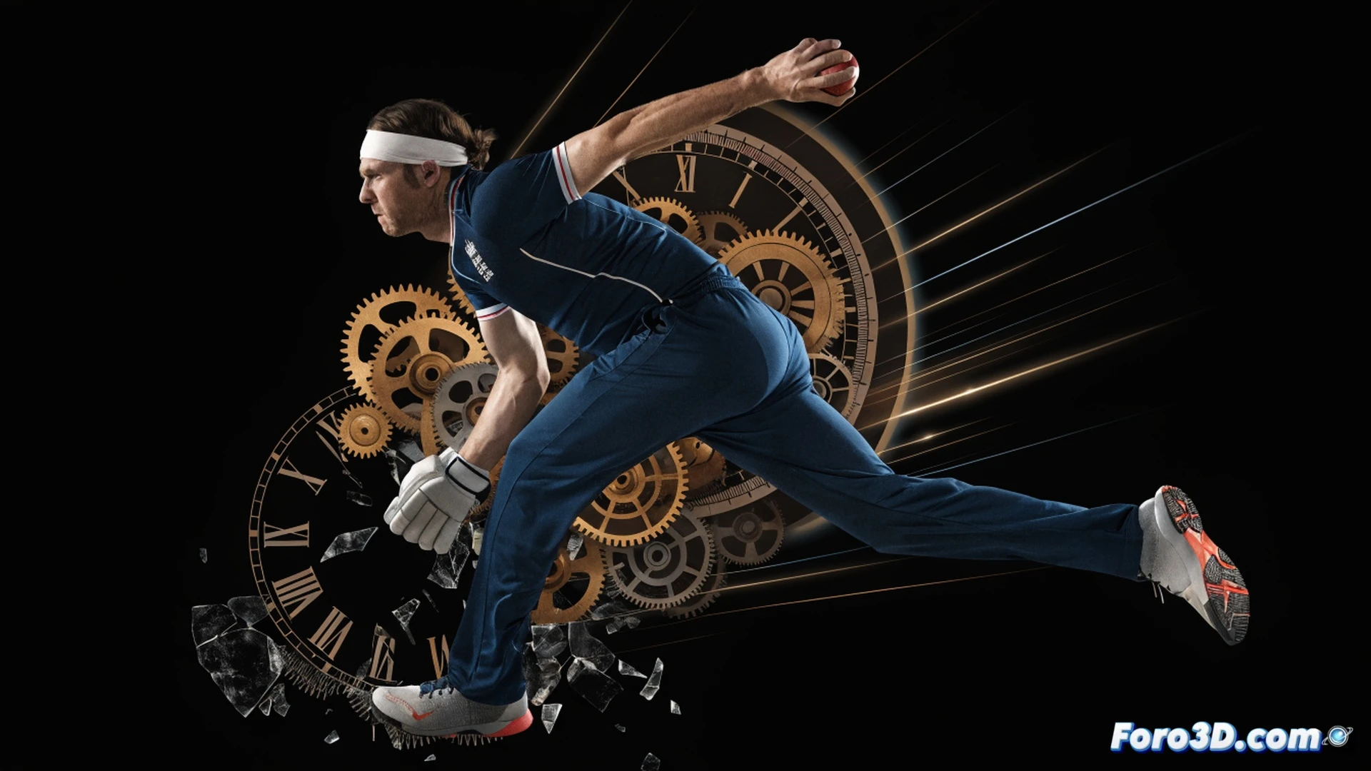 cricket fast bowler in explosive delivery stride, right arm fully extended releasing ball at 150 km/h, biomechanical analysis overlay showing muscle activation in legs and shoulder, ball leaving fingertips with seam rotation visible, motion blur on arm and ball, kinetic energy lines tracing body movement, stadium lights illuminating action, photorealistic sports biomechanics visualization, high-speed camera aesthetic, dramatic shadows on pitch, sweat droplets frozen mid-air, detailed cricket shoe spikes gripping turf