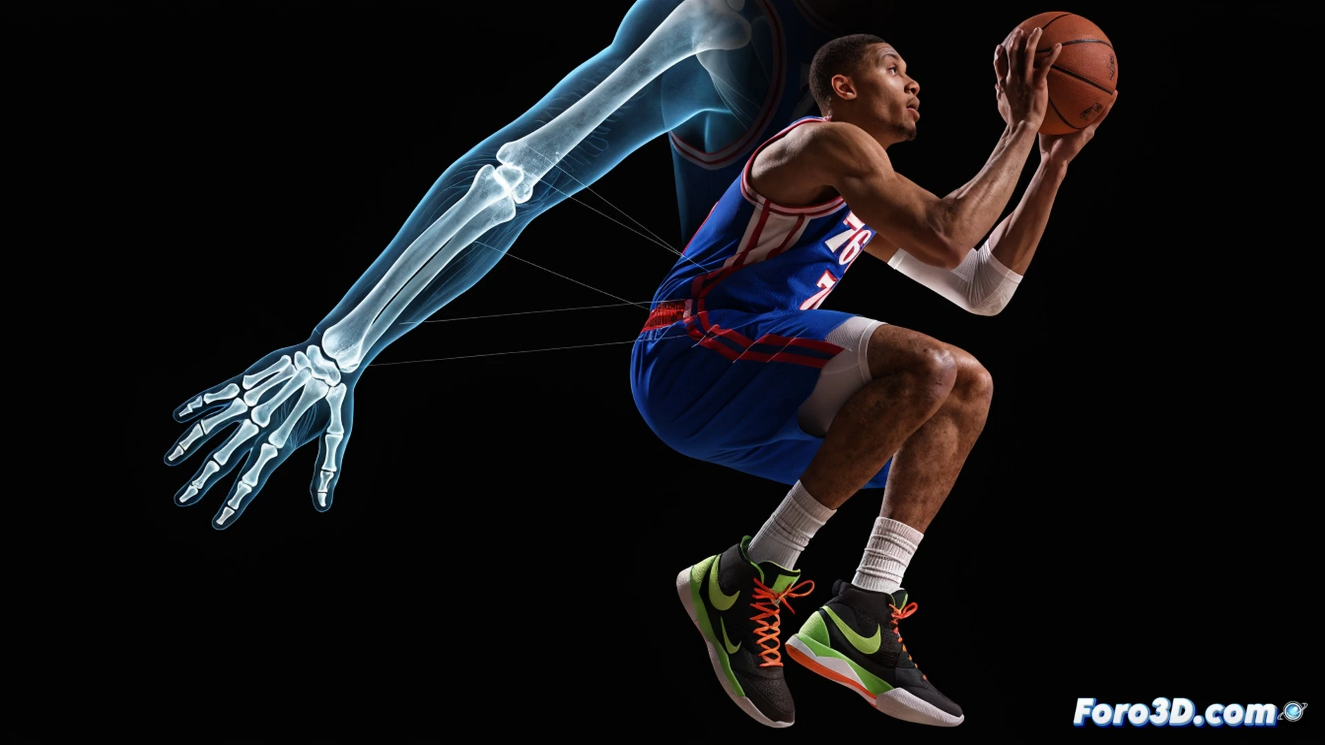 basketball player mid-air shooting form close-up, hands gripping ball with unusual wrist angle and release point, biomechanical analysis overlay showing altered muscle activation paths and joint torque vectors, motion capture dots tracking shoulder and elbow misalignment, photorealistic sports science visualization, gymnasium background blurred, sweat droplets frozen in action, dramatic spotlight highlighting tendon strain patterns, ultra-detailed skin texture and muscle definition, cinematic technical illustration
