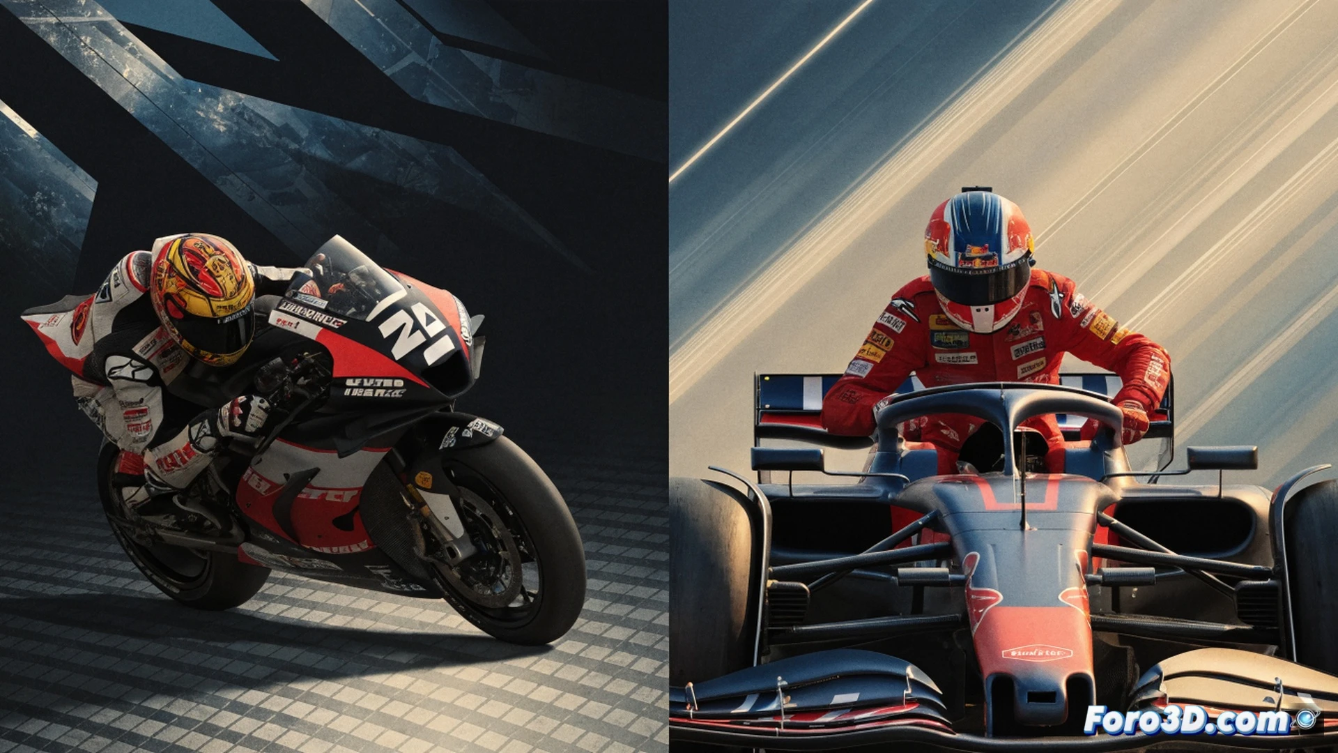 Marc Márquez en plena curva inclinado sobre su moto MotoGP, estilo de conducción agresivo al límite, neumático trasero derrapando y dejando marcas de goma en el asfalto, comparación visual con Max Verstappen en un F1 realizando un adelantamiento audaz en curva cerrada, ambos pilotos con cascos personalizados, fondo dividido entre pista de motociclismo y circuito de Fórmula 1, luces de pit lane reflejándose en carenados, partículas de asfalto levantadas por la aceleración, cinematic engineering visualization, photorealistic, alta definición, enfoque en actitud de garra y determinación, sin texto visible
