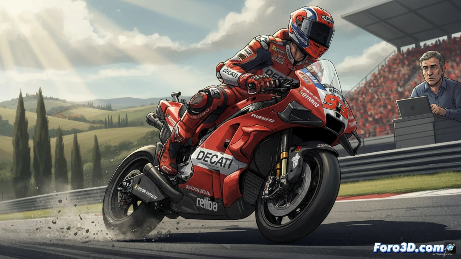 Marc Marquez leaning his Ducati Desmosedici GP into a high-speed corner at Mugello, left foot hovering off the rear brake pedal with visible tension in his injured ankle, right hand gripping the handlebar while shoulder brace straps are faintly visible under leathers, rear tire showing micro-slip and smoke from compromised throttle control, trackside telemetry screen displaying reduced lean angle and braking pressure data, cinematic photorealistic motorsport visualization, dramatic Italian sunlight casting long shadows, asphalt texture with rubber marbles, ultra-detailed carbon fiber fairings and Brembo calipers, motion blur emphasizing the delicate balance between pain and precision
