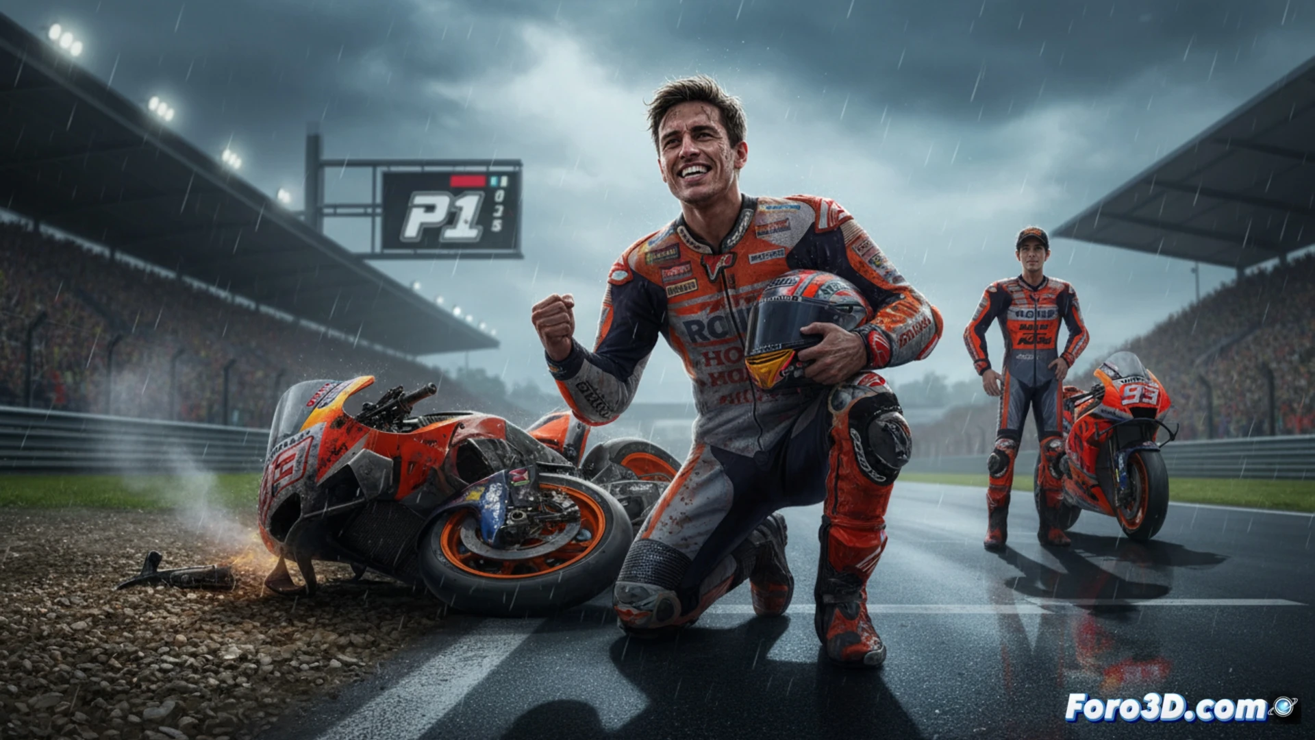 Marc Márquez en plena acción inclinando su Ducati Desmosedici GP en una curva cerrada del circuito de Hungría, polvo y chispas visibles tras la caída reciente, neumáticos traseros humeando durante la frenada, suspensión delantera comprimida al límite, carenado aerodinámico con alerones y conductos de freno de carbono, fondo de asfalto gris con marcas de neumáticos, estilo cinematic photorealistic, luz de tarde dorada, alto contraste, gran angular desde el exterior de la curva, detalles mecánicos ultradefinidos, nitidez extrema en fibra de carbono y metales