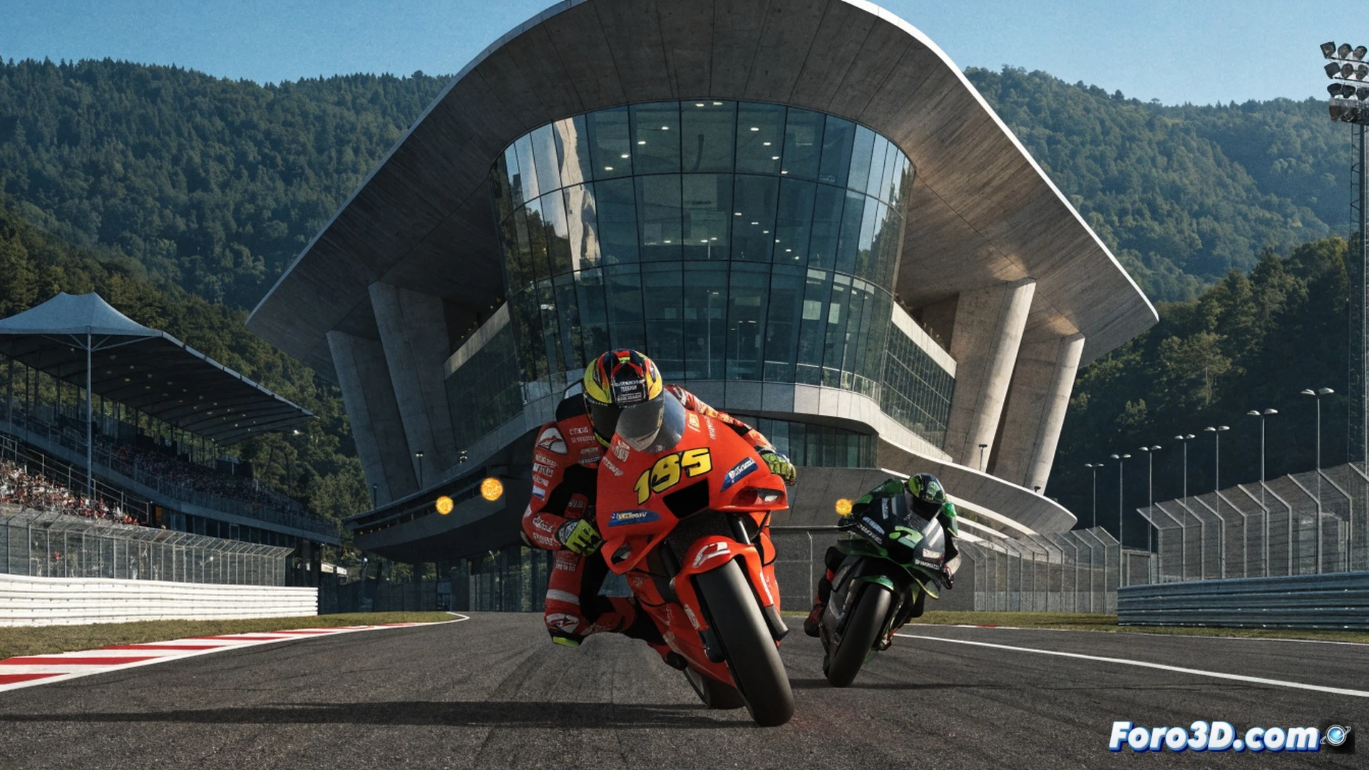 MotoGP race track action shot, Marc Márquez leaning into a sharp turn on his Ducati Desmosedici GP23, rear tire smoking under hard acceleration, front brake disc glowing orange from extreme heat, race marshal waving a black flag in the background, empty pit box of Marco Bezzecchi visible, timing screen showing updated championship standings with Márquez in fourth position, cinematic motorsport photography, dramatic sunset lighting, motion blur on asphalt, detailed carbon fiber fairing texture, realistic tire wear and gravel spray, photorealistic race-day atmosphere