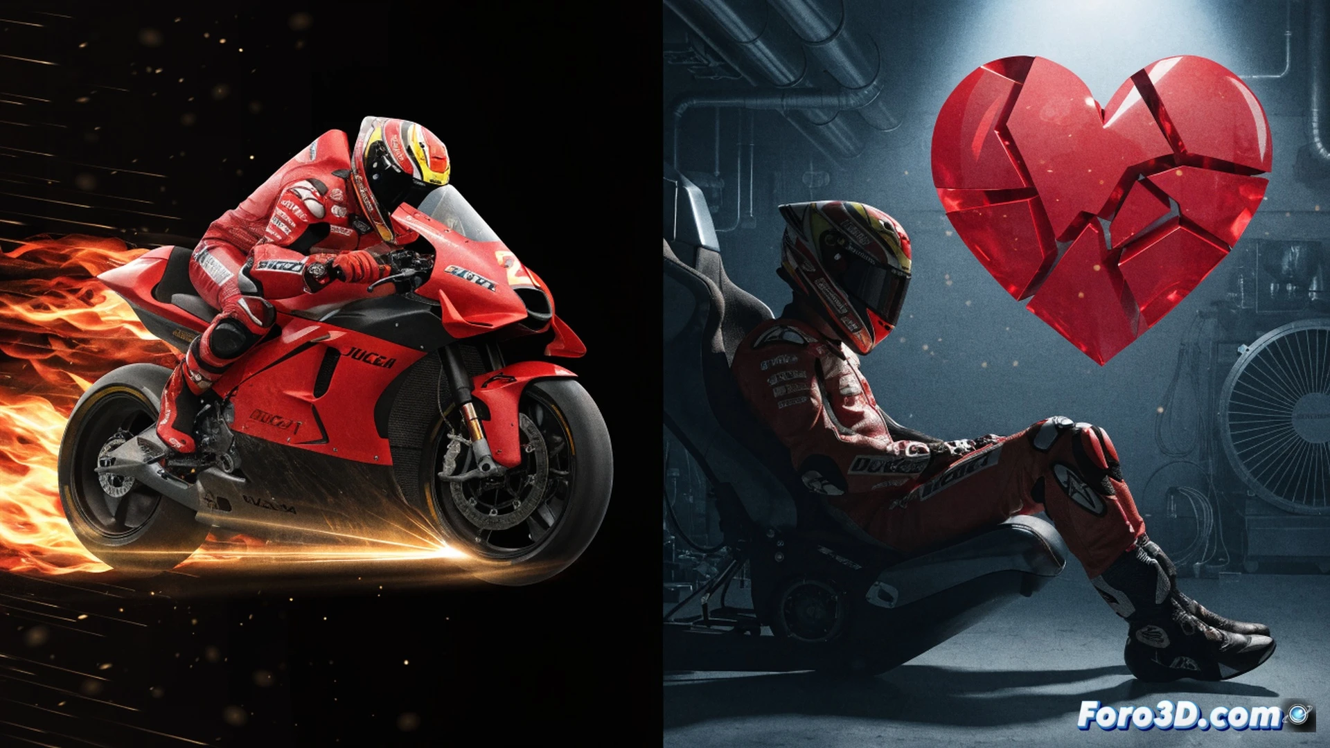 Marc Marquez standing in a Ducati garage, holding a red race helmet while a holographic Honda logo fades behind him, motion blur on a torn contract sheet falling between two workbenches, pit crew members in red suits checking telemetry screens showing stability metrics, glowing data cables connecting to a carbon-fiber motorcycle frame, cinematic technical visualization, cold blue industrial lighting contrasting with warm red accents, photorealistic engineering render, hyperdetailed mechanical components