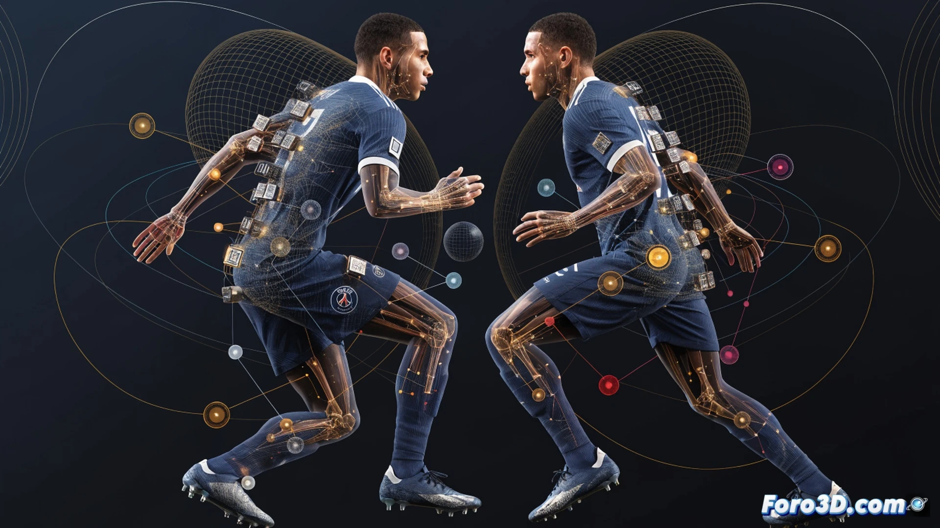 futbolista en posición defensiva con torso girado, pierna extendida para interceptar un pase, sobre el césped del campo bajo un dron de vigilancia GPS, datos de movimiento trazados como líneas holográficas 3D alrededor de su cuerpo, con superposición de wireframe esquelético y gráficos de radar táctico en tiempo real, estilo cinematic technical illustration, iluminación de estadio, profundidad de campo, textura de pasto realista, render fotorealista con detalles de alta precisión