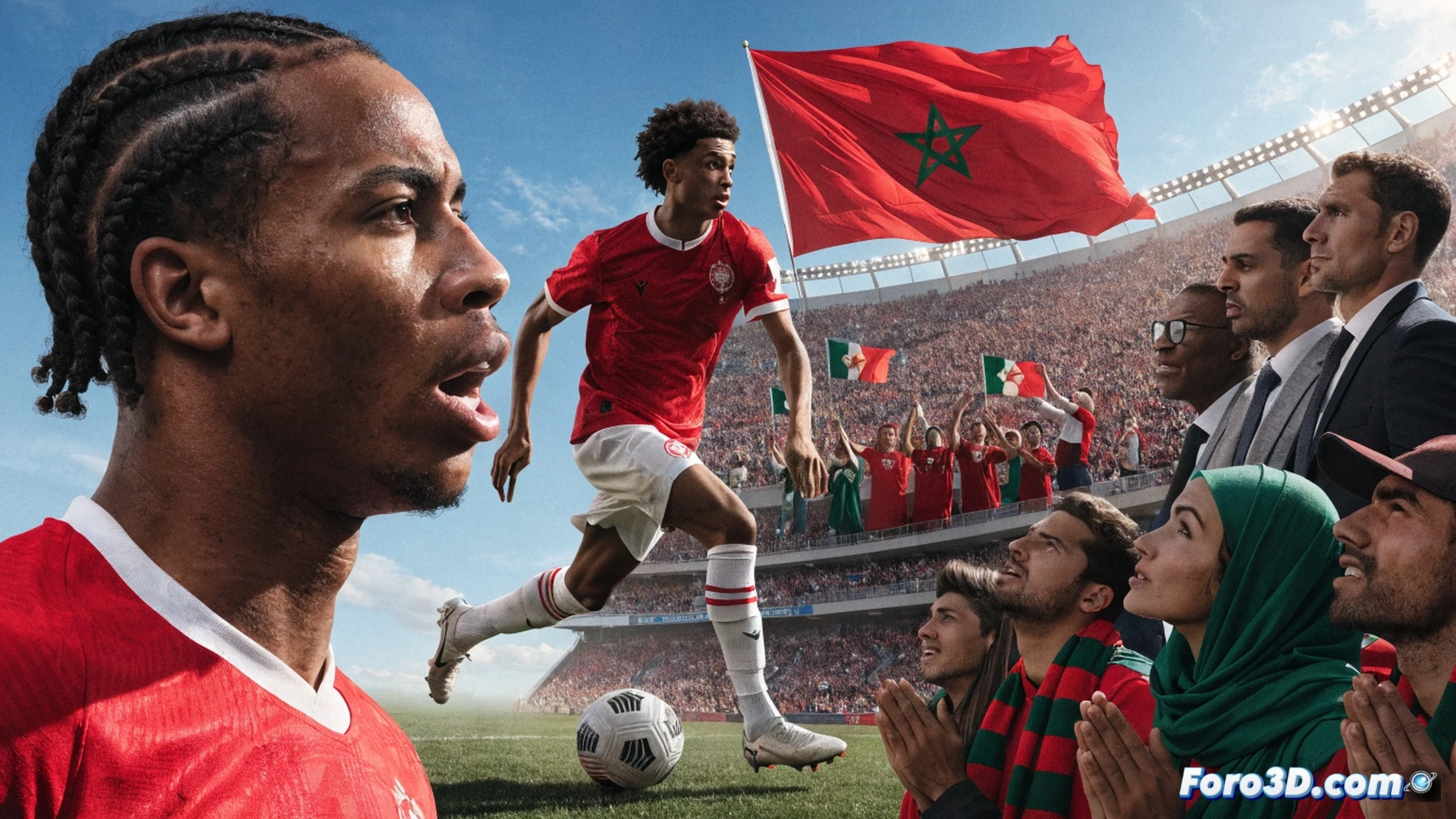 Marruecos jugadores en formación táctica atacante durante último partido grupo mundialista, balón en trayectoria hacia portería rival con defensa haitiana replegada, entrenador señalando desde banda con tableta táctica mostrando diagrama de juego, banderas marroquíes ondeando en graderío, estadio iluminado con focos nocturnos, césped con marcas de desgaste por juego intenso, estilo cinematográfico fotorrealista, acción congelada en momento de pase decisivo, composición dramática con profundidad de campo, colores vibrantes rojo y verde de uniformes contrastando con césped oscuro