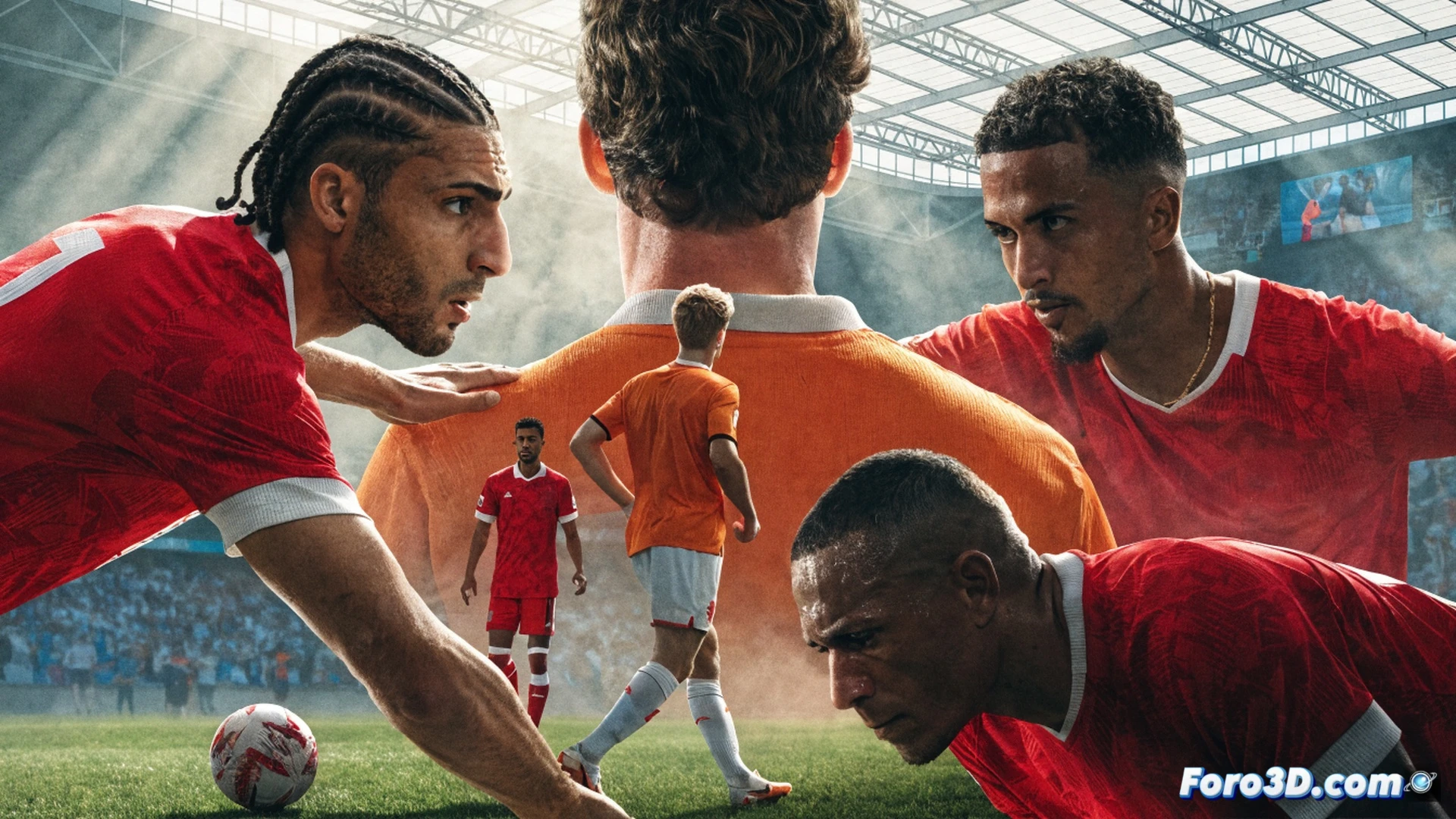 Marruecos tactical formation shifting from defensive block to aggressive press, red arrows indicating attacking runs cutting through orange Dutch defensive lines, coach pointing at tactical board with magnetic player tokens, stadium floodlights casting shadows on grass, cinematic sports illustration, motion blur on players repositioning, glowing tactical lines on field, intense match atmosphere, photorealistic sports render