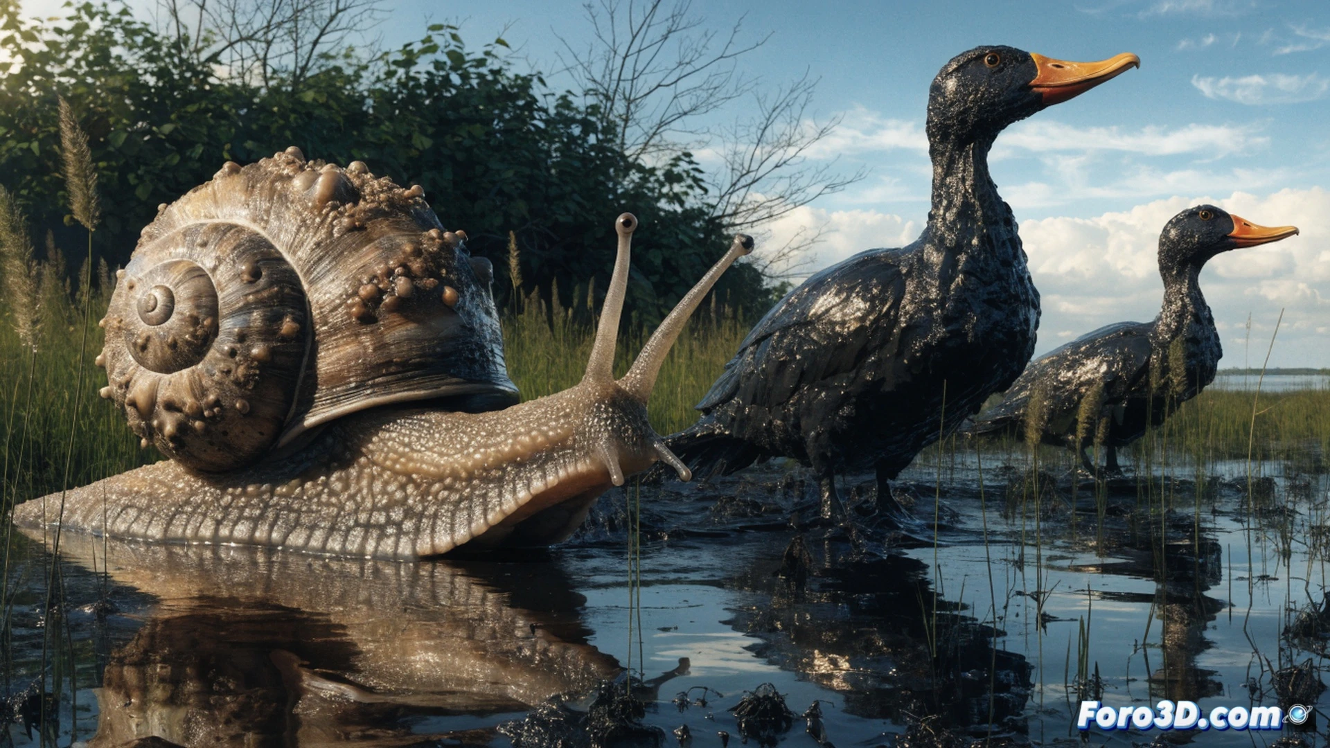 Caracol gigante de caparazón iridiscente arrastrándose sobre un pantano digital, mientras un pato de lodo con plumas cubiertas de petróleo negro emerge burbujeante entre juncos, durante una escena de transformación ambiental. Mostrando partículas de barro volando alrededor del pato, con herramientas de simulación de fluidos como nodos de software de modelado 3D visibles en la interfaz de fondo. Estilo de ilustración técnica cinematográfica, colores fangosos saturados, iluminación dramática de atardecer, texturas viscosas hiperrealistas, acción de metamorfosis ecológica, render fotorealista.