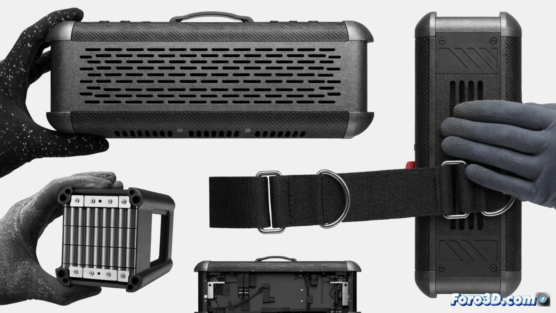 Marshall Stockwell III altavoz portátil abierto, usuario retirando una batería recargable extraíble con una mano, correa de transporte desabrochada y rejilla frontal desmontada sobre una mesa de trabajo, destornillador de precisión junto a funda de silicona reemplazable, mostrando el proceso de reparación y mantenimiento del dispositivo, estilo cinematográfico de ilustración técnica, iluminación dramática de estudio, texturas metálicas y de tela detalladas, fondo oscuro con reflejos sutiles, fotorealismo industrial, énfasis en la modularidad de componentes y la durabilidad del diseño
