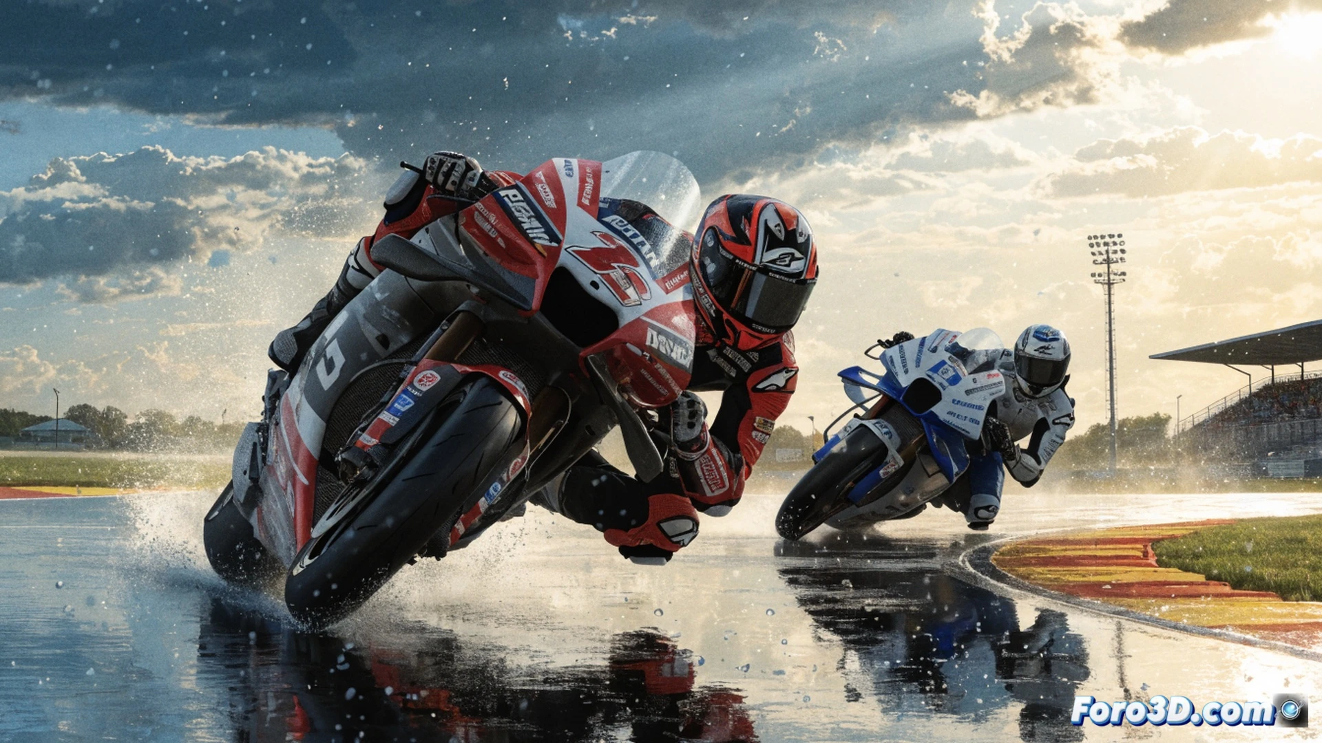 MotoGP rider Jorge Martin sliding his Ducati into a high-speed corner at Assen, rear tire kicking up a rooster tail of mist and spray from damp asphalt, front brake disc glowing orange under hard braking, timing screens in the background showing pole position data, cinematic motorsport photography, dramatic overcast sky, motion blur on gravel trap and grandstands, ultra-detailed carbon fiber fairing and tire tread, photorealistic technical render
