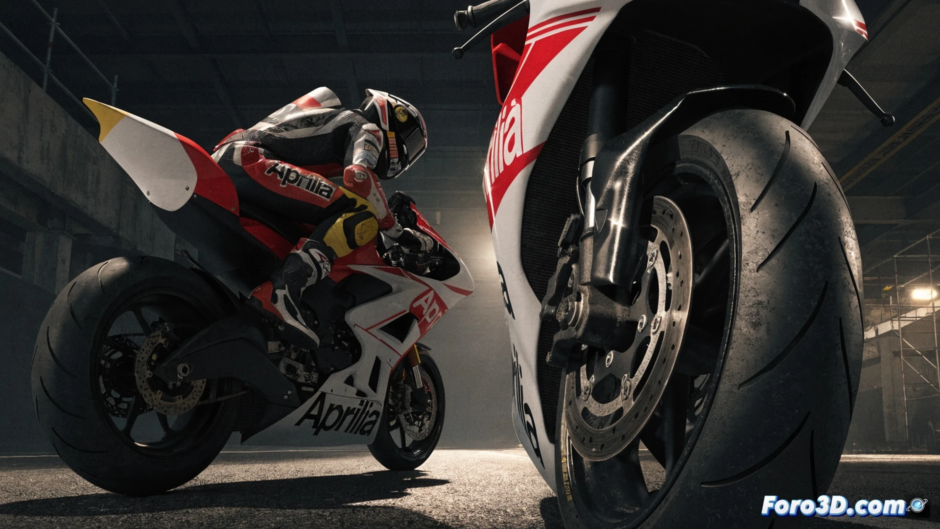 cinematic engineering visualization of Jorge Martin braking hard on an Aprilia RS-GP motorcycle, front suspension compressing under heavy deceleration, brake caliper glowing orange with heat, carbon fiber discs visible, rider helmet tilted forward showing strain, track asphalt texture with tire smoke, motion blur on rear wheel, telemetry data projected as holographic overlays showing brake pressure and lap time, dramatic low-angle shot, metallic reflections on exhaust, photorealistic technical render