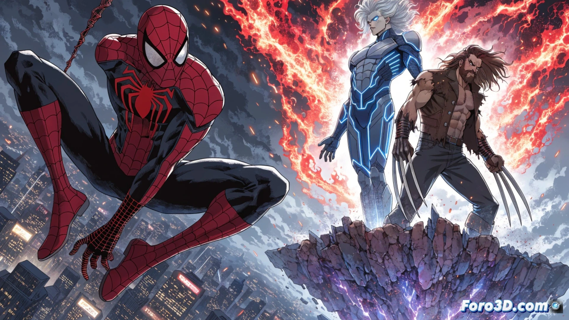 Spider-Man en postura de combate balanceándose hacia adelante con hilo de tela metálico, Wolverine desplegando garras de adamantium mientras salta entre escombros humeantes, Legion flotando con fragmentos de vidrio psíquico girando a su alrededor, fondo de ciudad devastada con grietas energéticas rojas del fénix emergiendo del cielo nocturno, estilo manga cinematográfico con líneas de velocidad y sombras dramáticas, ilustración técnica de acción dinámica, luces neón reflejadas en superficies mojadas, polvo y partículas suspendidas, encuadre tipo splash page de cómic japonés