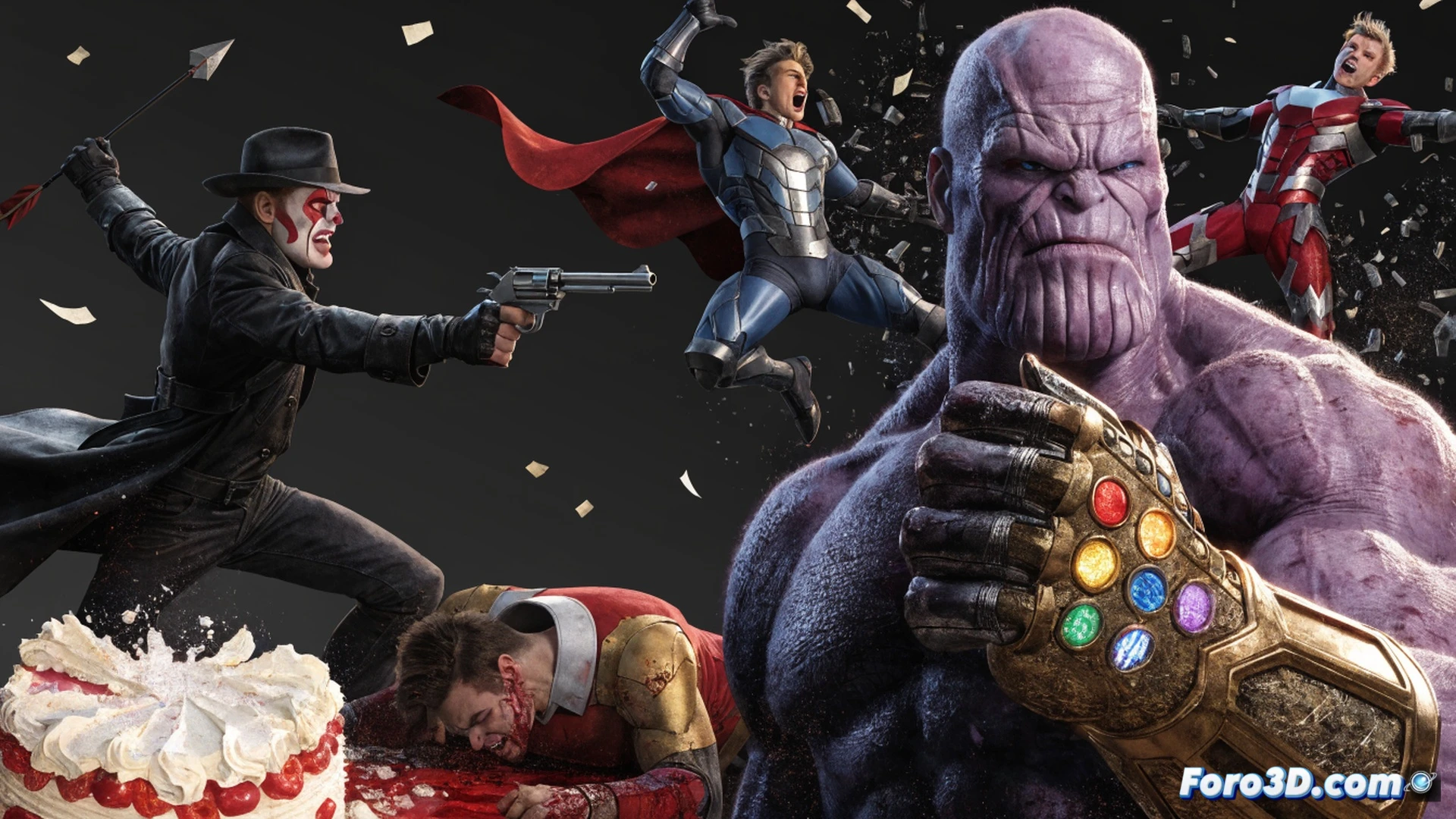 Bullseye aiming a throwing knife at Star-Lord s helmet while Nova and Jack of Hearts charge toward Thanos in the background, debris flying from an explosion mid-action, dynamic combat pose with metallic armor reflections, dark space battlefield with glowing energy trails, cinematic comic-book style, dramatic lighting with high contrast shadows, ultra-detailed textures on weapons and costumes, motion blur on projectile trajectory, photorealistic action render
