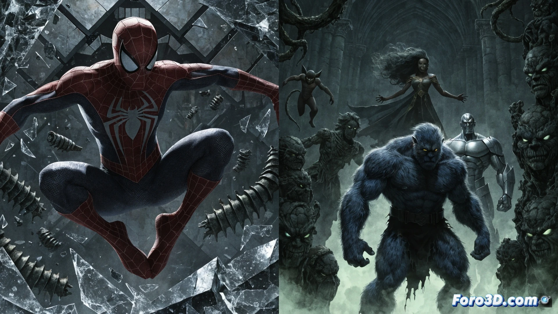 Marvel comic covers floating in dark smoke, Spider-Man web lines tangled around X-Men mutant symbols, three oversized comic issues emerging from a cracked stone altar, glowing October release date hidden in shadows, cinematic horror style, dramatic red and black lighting, ink splatter effects, eerie fog creeping across the scene, photorealistic comic book render, detailed paper texture, spine creases visible, promotional stickers peeling off, midnight blue gradient background, high-contrast shadows, supernatural atmosphere