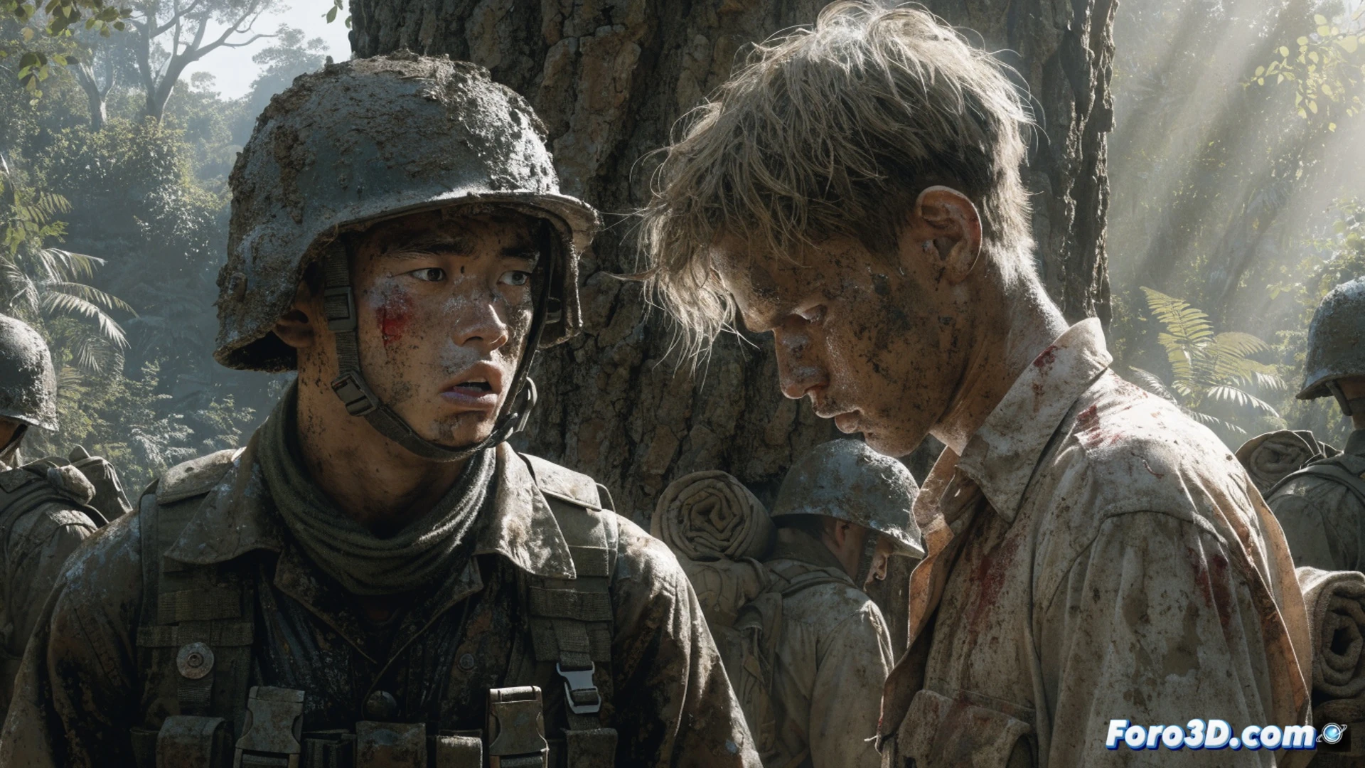 soldiers crouching in muddy jungle clearing during Vietnam War, one soldier holding M16 rifle while another operates a field radio with antenna extended, helicopter rotor wash kicking up dust and leaves, discarded helmet and ammunition belt in foreground, no superheroes or capes visible, realistic combat fatigue uniforms, rain-soaked equipment, dramatic shadows from low sunlight, cinematic photorealistic war photography style, muddy boots and torn fabric details, smoke haze from distant explosions, tense facial expressions showing exhaustion, ultra-detailed military gear and jungle foliage