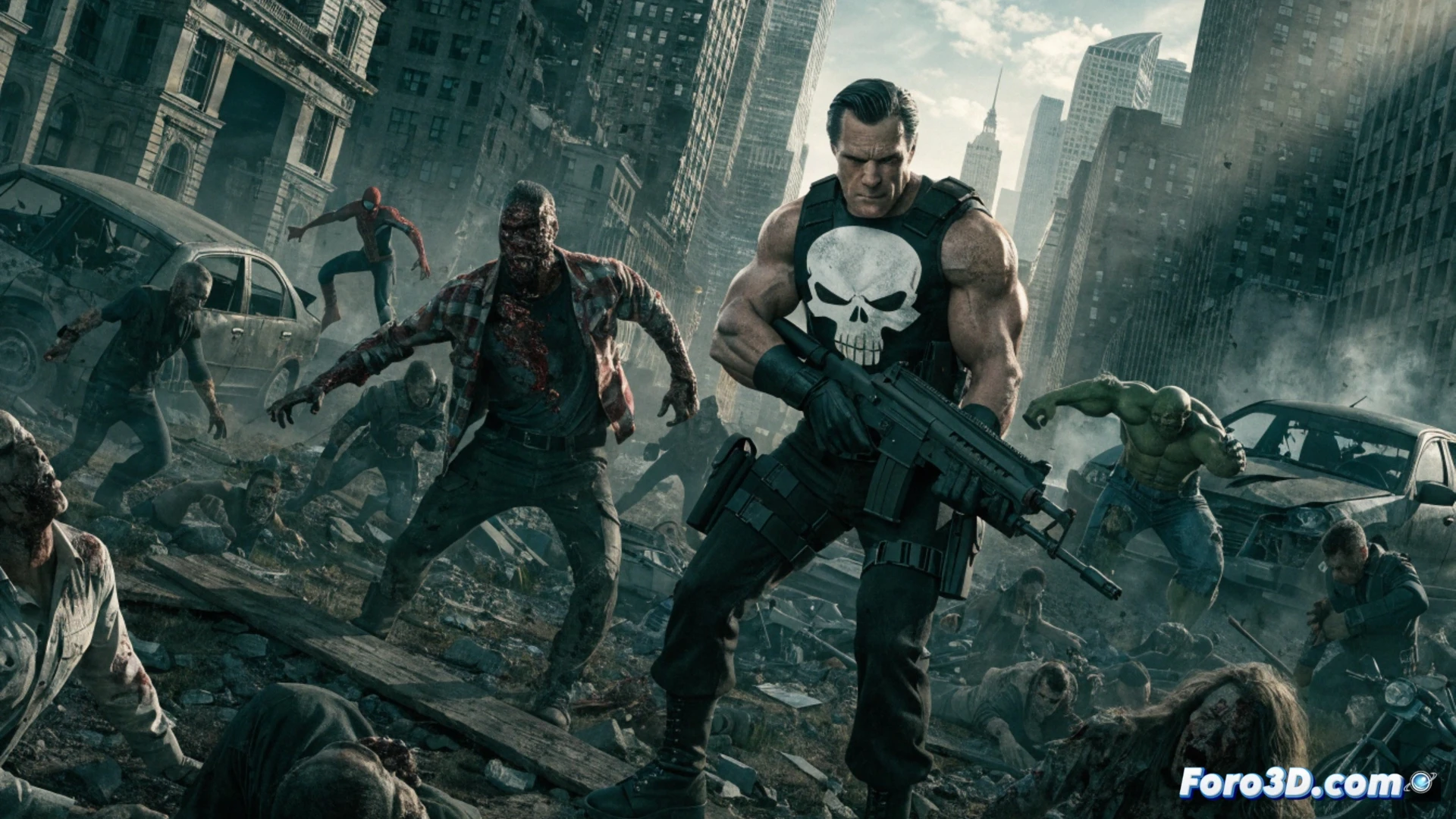Zombie virus spreading across Punisher skull emblem on cracked concrete, Punisher aiming assault rifle at horde of infected superheroes in destroyed New York street, bullet casings ejecting mid-air, tactical vest with ammunition pouches, blood splatter on burned-out cars, dark storm clouds above, cinematic horror action scene, ultra-detailed textures, gritty photorealistic style, dramatic low-angle lighting, motion blur on zombie lunging forward, debris and shattered glass floating during explosion, technical illustration of urban combat survival