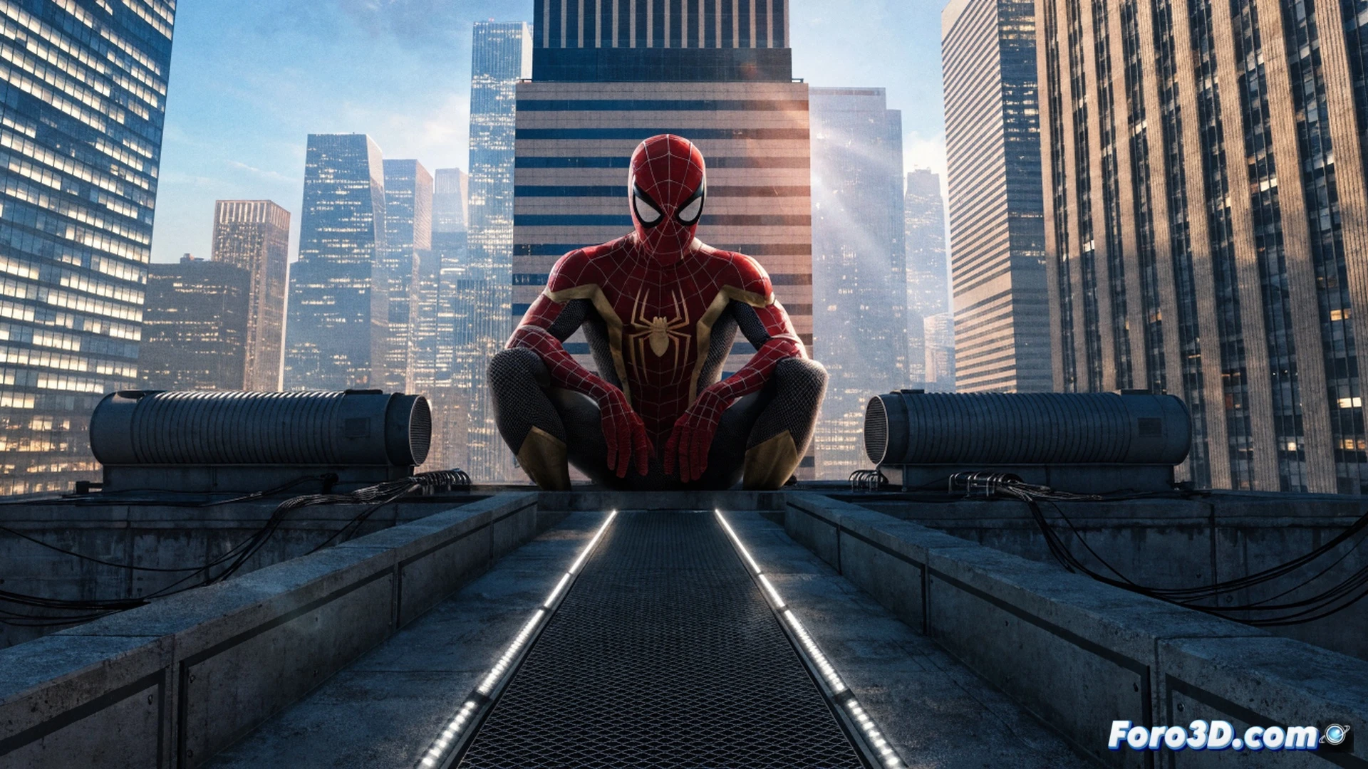 Peter Parker wearing the new Brand New Day movie-inspired suit, mid-swing above a futuristic New York skyline, web strand attaching to a skyscraper, glowing blue energy trail from his hand, PS5 DualSense controller and PC gaming keyboard visible in foreground on a desk, screen showing the Fresh Start DLC download progress bar, cinematic photorealistic style, dramatic sunset lighting, high-contrast shadows, detailed fabric textures, motion blur on swinging action, ultra-sharp technical render