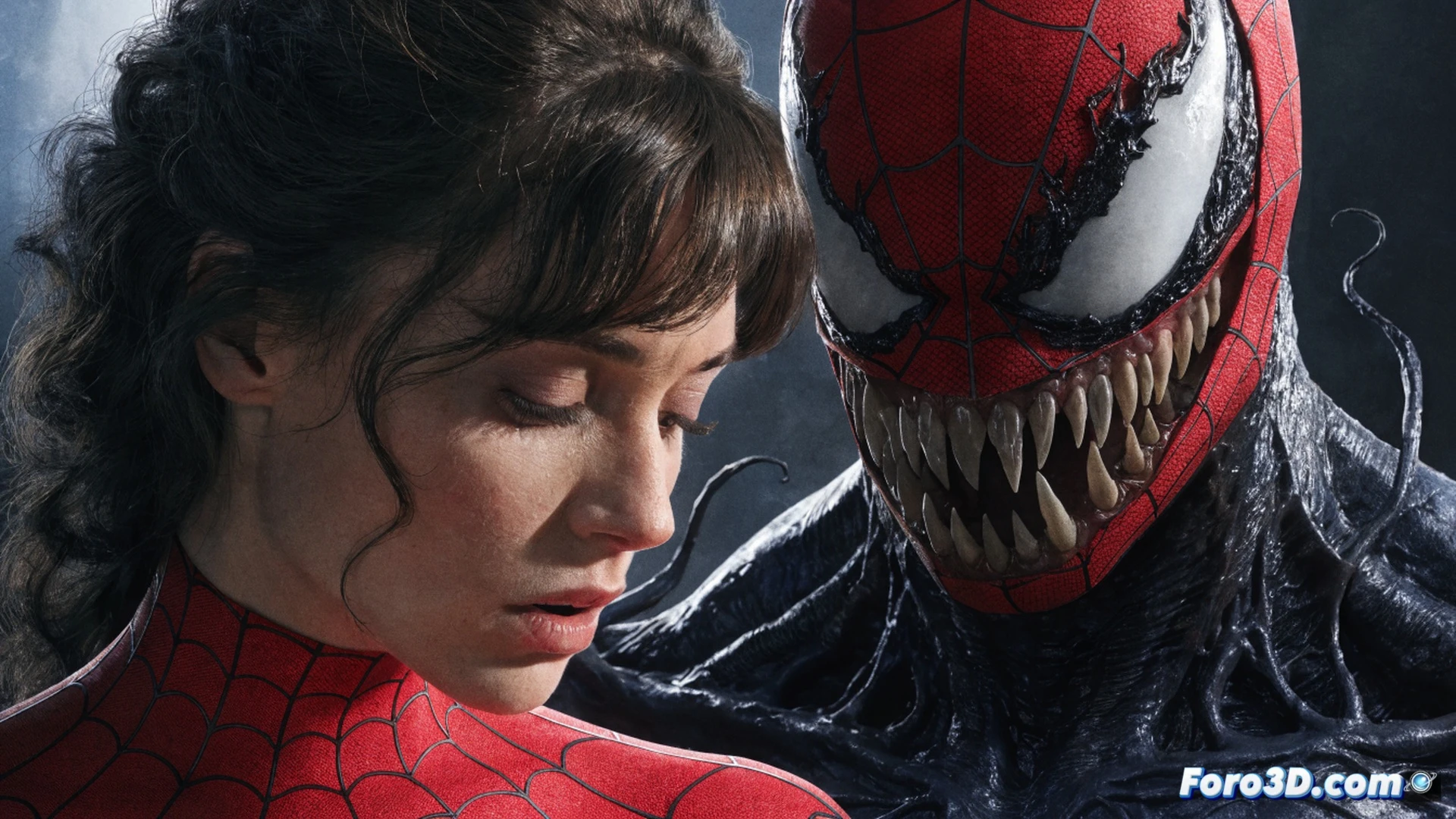 Mary Jane Watson y el simbionte Venom compartiendo el traje de Spider-Man en un callejón nocturno, Mary Jane colocándose la máscara mientras Venom extiende un brazo negro líquido para ajustar el emblema de araña en su pecho, ambos reflejados en un charco de agua sucia bajo una farola parpadeante, mostrando la dualidad entre la heroína humana y la criatura alienígena, durante un intercambio de miradas tensas, estilo cinematográfico oscuro, texturas viscosas y metálicas, iluminación dramática azul y roja, photorealistic render con detalles de costuras del disfraz y venas del simbionte.