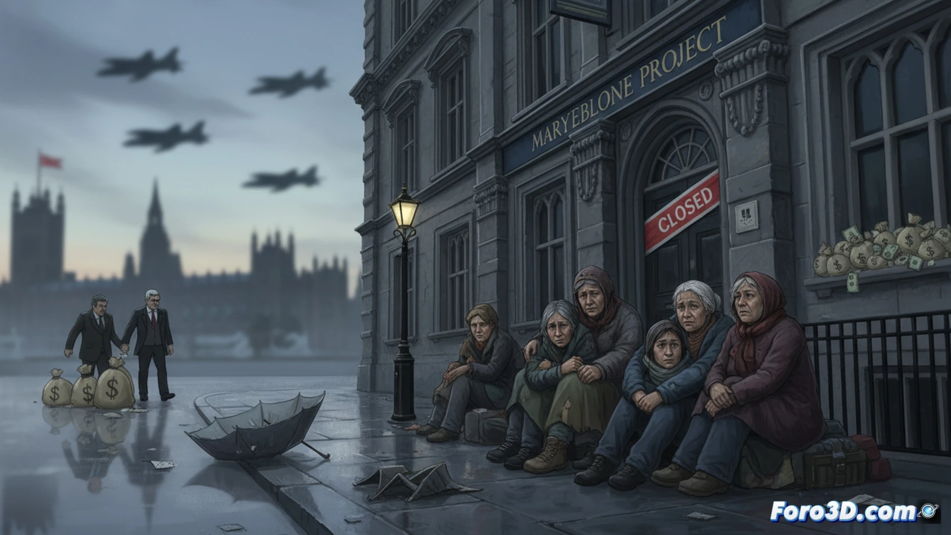 photorealistic scene of a boarded-up Marylebone Project shelter entrance, a woman in worn coat pressing her hand against the cold glass door, her reflection showing empty beds inside, while in the background a construction crane lifts military-style metal containers labelled with budget figures, a politician figure in suit walking away holding a thick folder, cracked pavement with discarded bedding, cold blue streetlight contrasting with warm interior glow, cinematic documentary style, deep shadows, gritty urban texture, ultra-detailed architectural elements, emotional lighting, technical illustration of social infrastructure decay