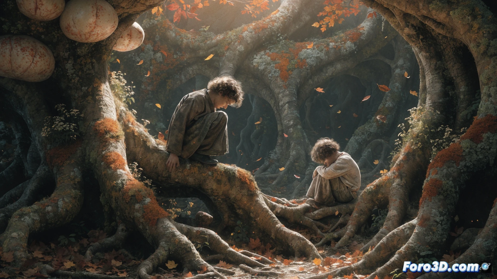 two young brothers walking through a dark autumn forest, one holding a lantern while the other points ahead, a faint glowing wooden gate visible between twisted trees, fog swirling around fallen leaves, warm orange and deep blue lighting, cinematic fantasy illustration, moody atmospheric shadows, stylized animation aesthetic, glowing fireflies in the background, emotional journey scene, mysterious woodland path, photorealistic technical render