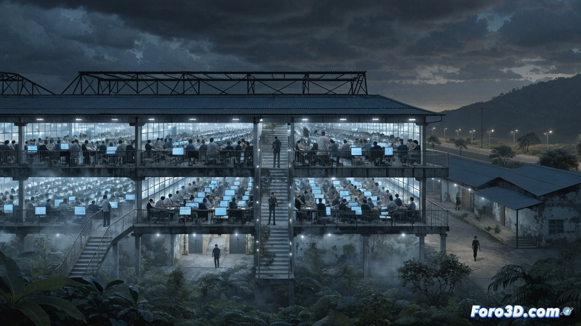 Photorealistic scene of a dimly lit room in Myanmar near the Thai border, dozens of cramped desks with monitors showing phishing interfaces and fake trading platforms, hands typing on keyboards while chains on chairs restrict movement, security cameras monitoring every action, tangled wires and server racks in background, sweat on faces, tense atmosphere, cinematic lighting with harsh fluorescent overheads, smoke haze, technical illustration style, ultra-detailed hardware and network cables, dramatic shadows, realistic human stress expressions, no text or numbers visible