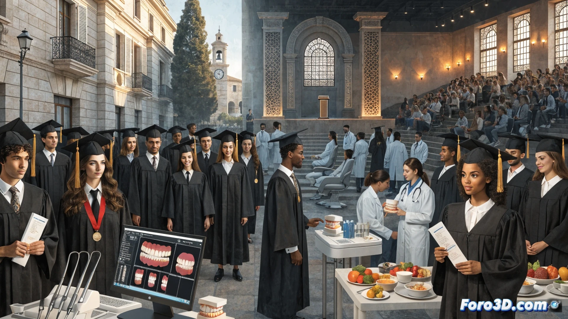 graduation ceremony in a modern medical school hall, dental students in white coats holding diplomas while one demonstrates a digital intraoral scanner on a mannequin, another student adjusts a 3D-printed dental model, nutritionist displays a tablet showing dietary analysis software, holographic tooth anatomy rotating above a workstation, cinematic photorealistic technical illustration, warm stage lighting with blue LED accents, clean clinical environment, polished floors reflecting ceremony, ultra-detailed dental instruments and medical monitors