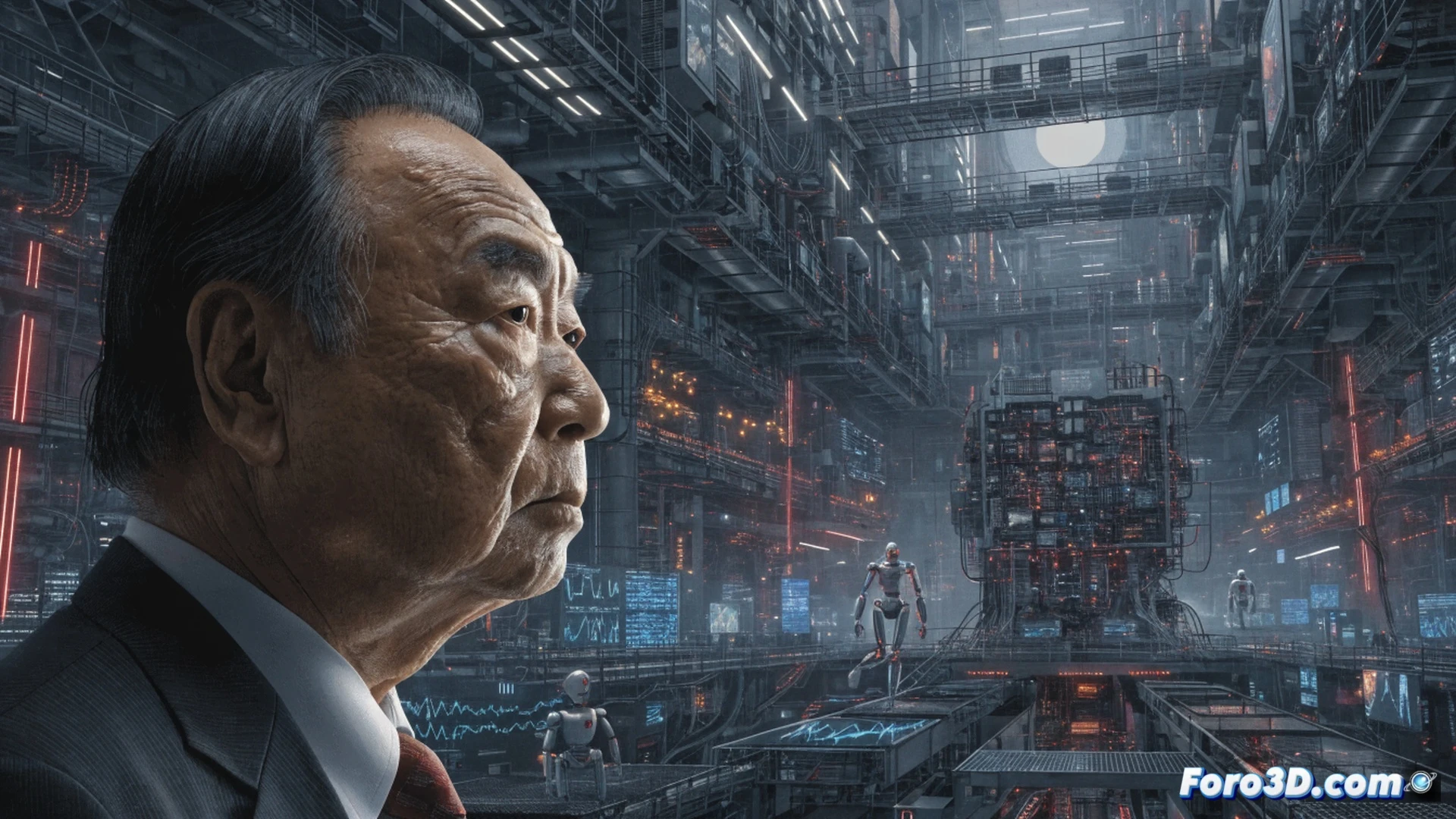 Masayoshi Son standing in a futuristic control room, pointing toward a massive holographic globe showing glowing AI data streams and neural network connections, while robotic arms assemble server racks in a hyper-scale data center behind him, blue and magenta light beams pulsing through transparent fiber optic cables, walls covered with real-time stock market charts and AI processing graphs trending upward, cinematic engineering visualization, photorealistic technical render, dramatic industrial lighting, ultra-detailed electronic components, glowing circuit board patterns reflected on his face, sharp focus on his confident expression and hand gesture demonstrating forward momentum