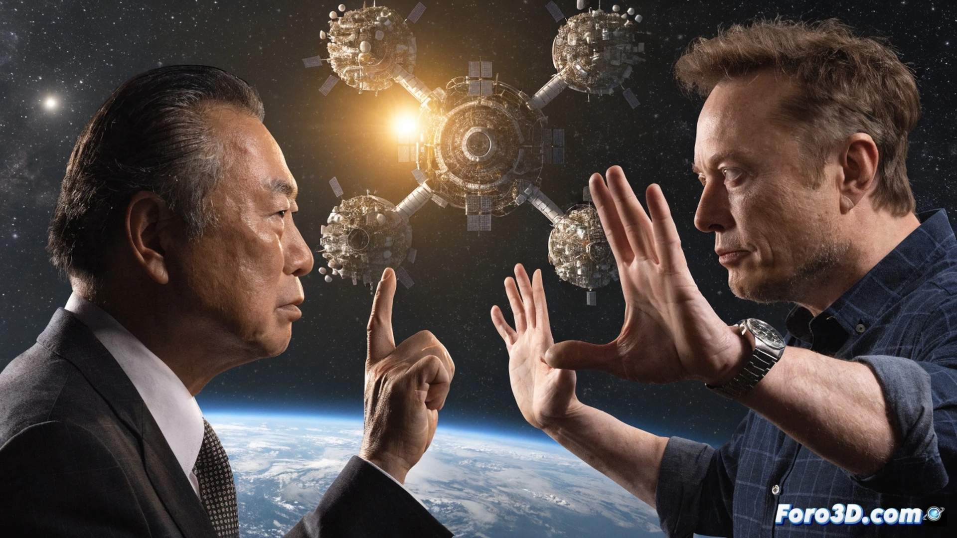 Two figures facing off in a futuristic boardroom, a holographic globe showing satellite data centers orbiting Earth, one figure holds a tablet displaying skyrocketing digital service fees while pointing at a small electric bill graph, the other gestures toward a rocket blueprint, photorealistic cinematic engineering visualization, cold blue and warm orange lighting contrast, polished glass table reflecting holographic cost breakdown charts, ultra-detailed technical render with dramatic shadows