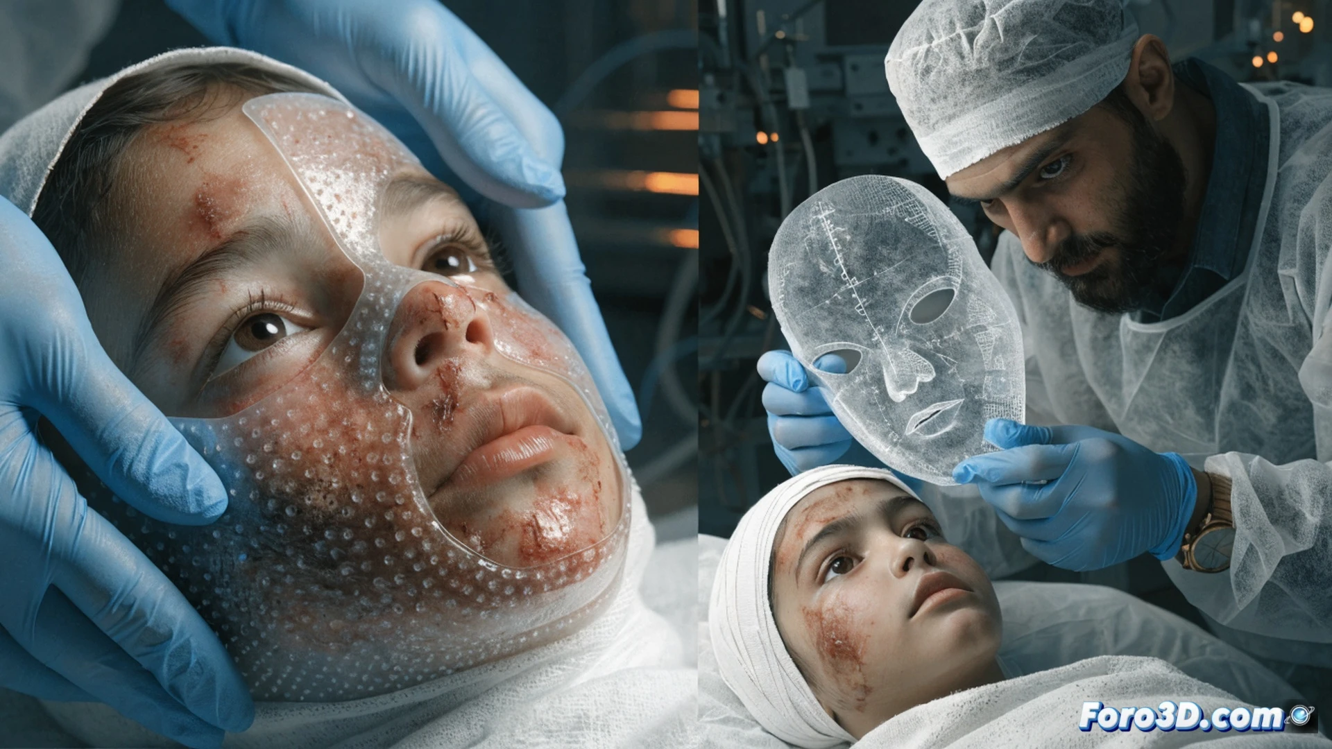 Pediatric surgeon in blue scrubs adjusting a translucent 3D printed facial mask on a young child with burn scars, glowing digital tablet showing real-time facial scan data and mesh modeling software, medical 3D printer in background extruding white filament, sterile clinic environment with surgical tools and UV light, child breathing calmly while mask contours seal around nose and cheeks, cinematic photorealistic medical illustration, dramatic side lighting from overhead surgical lamp, shallow depth of field focusing on mask edges and skin interface, realistic plastic texture and anatomical precision