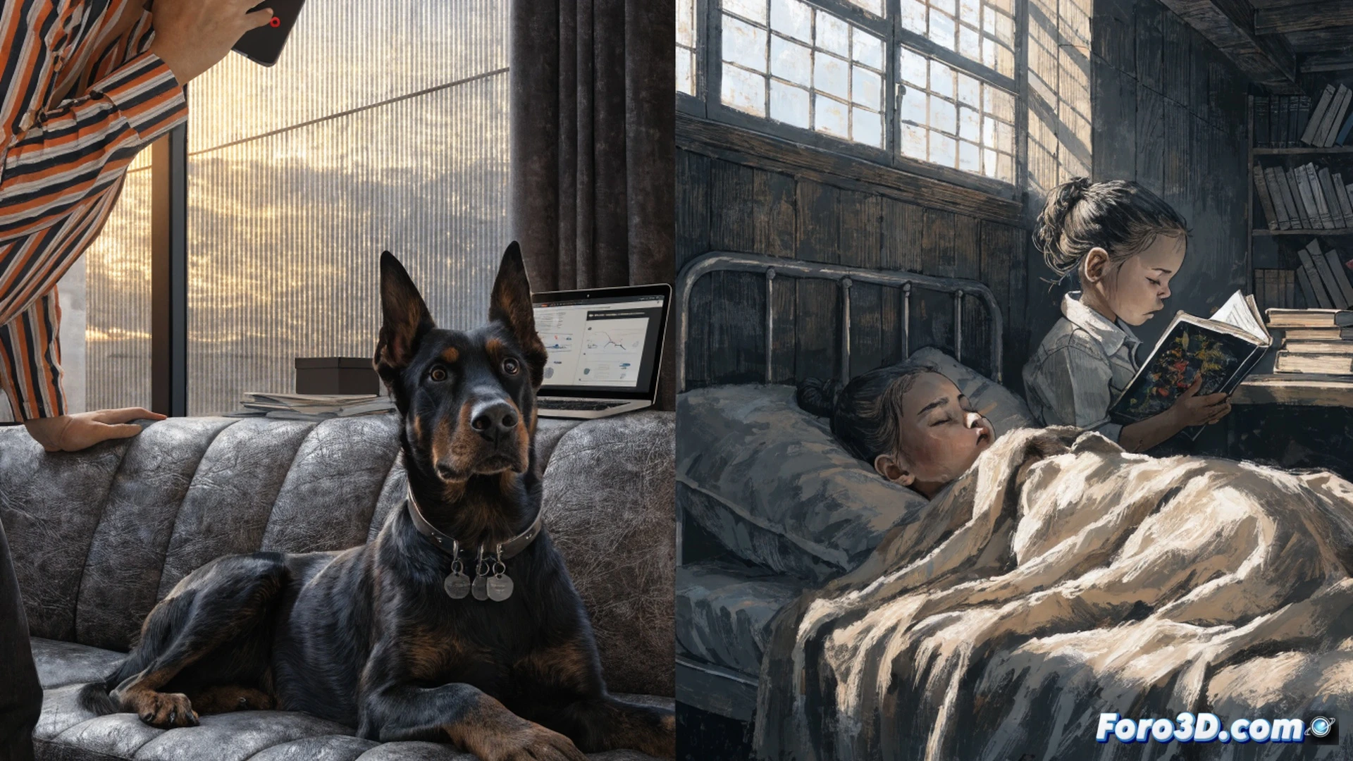 cinematic photorealistic scene of a luxury dog hotel interior, golden retriever resting on velvet bed while a human infant sits alone on cold floor nearby, transparent glass wall separating them, dog surrounded by high-tech feeding bowl and pet insurance documents on marble table, child holding empty bottle, no text visible, dramatic chiaroscuro lighting casting shadows, contrast between opulent pet accessories and bare nursery corner, ultra-detailed textures of dog collar with gps tracker versus child’s torn onesie, emotional tension through spatial composition, realistic architectural visualization
