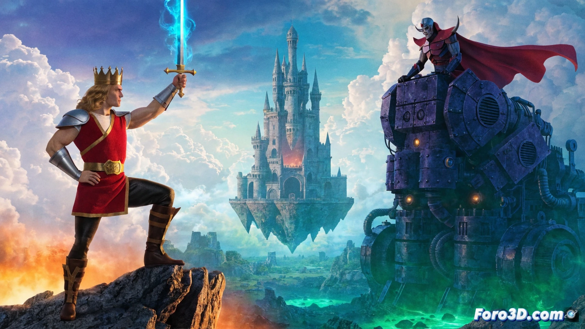 He-Man levantando la Espada del Poder sobre su cabeza durante una batalla en un hangar tecnológico, rayos de energía verde y púrpura impactando contra el suelo de metal, motas de polvo y chispas flotando en el aire iluminado por luces de neón, fondo con consolas de control y paneles de circuito, estilo cinematográfico ochentero con saturación vibrante, glow retro y textura granulada de celuloide, photorealistic technical render, acción dinámica congelada en el momento exacto del impacto.